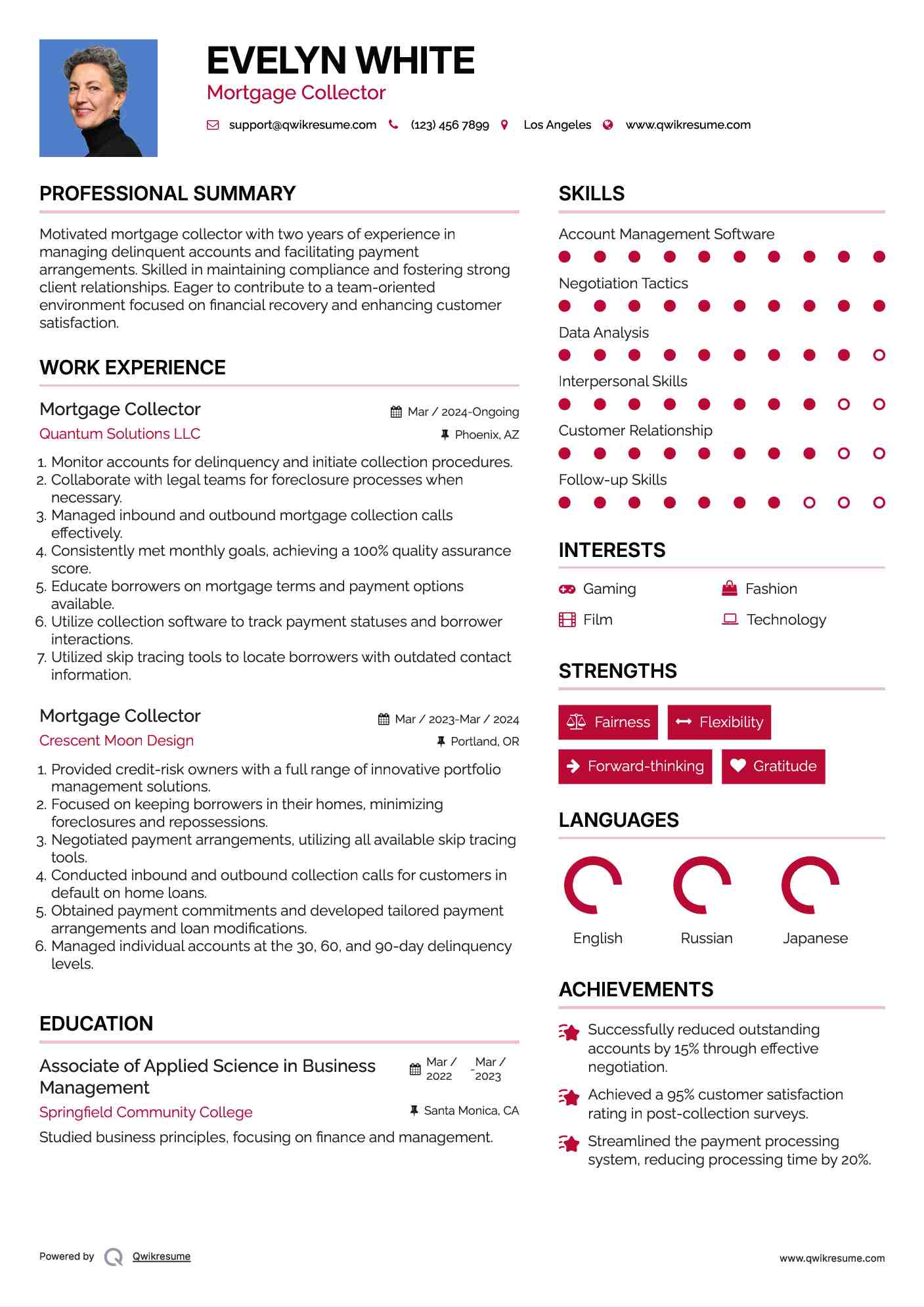 Mortgage Collector Resume Sample