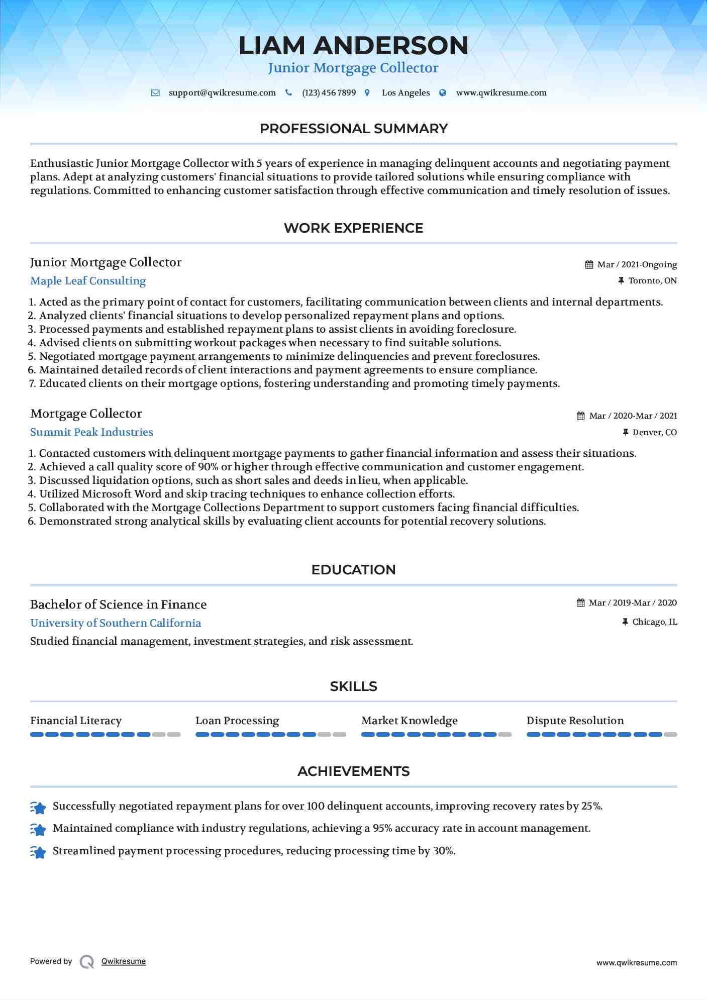Junior Mortgage Collector Resume Sample