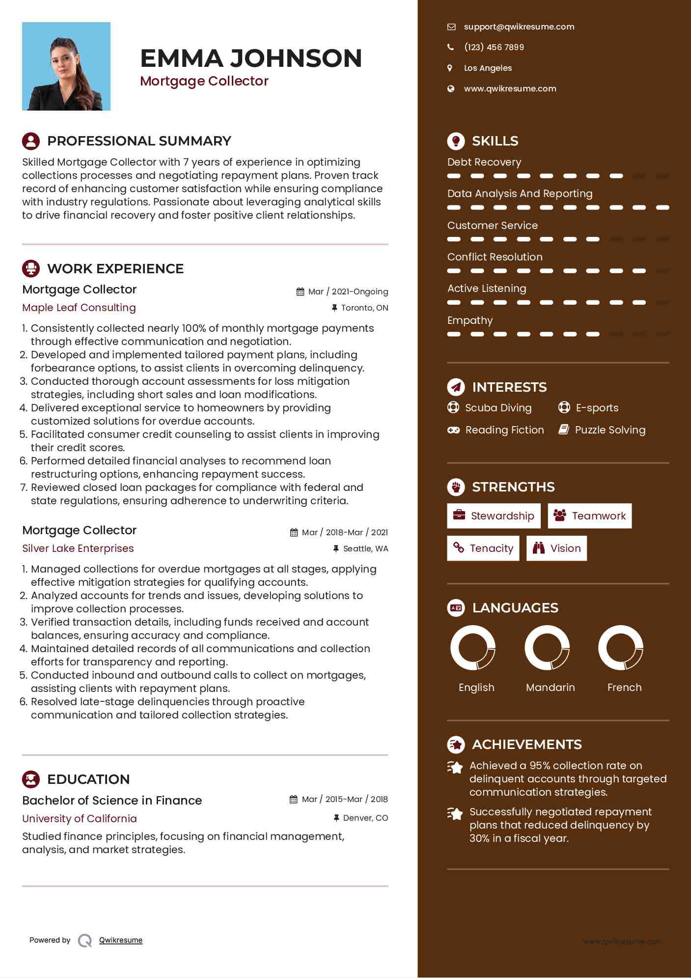 Mortgage Collector Resume Example