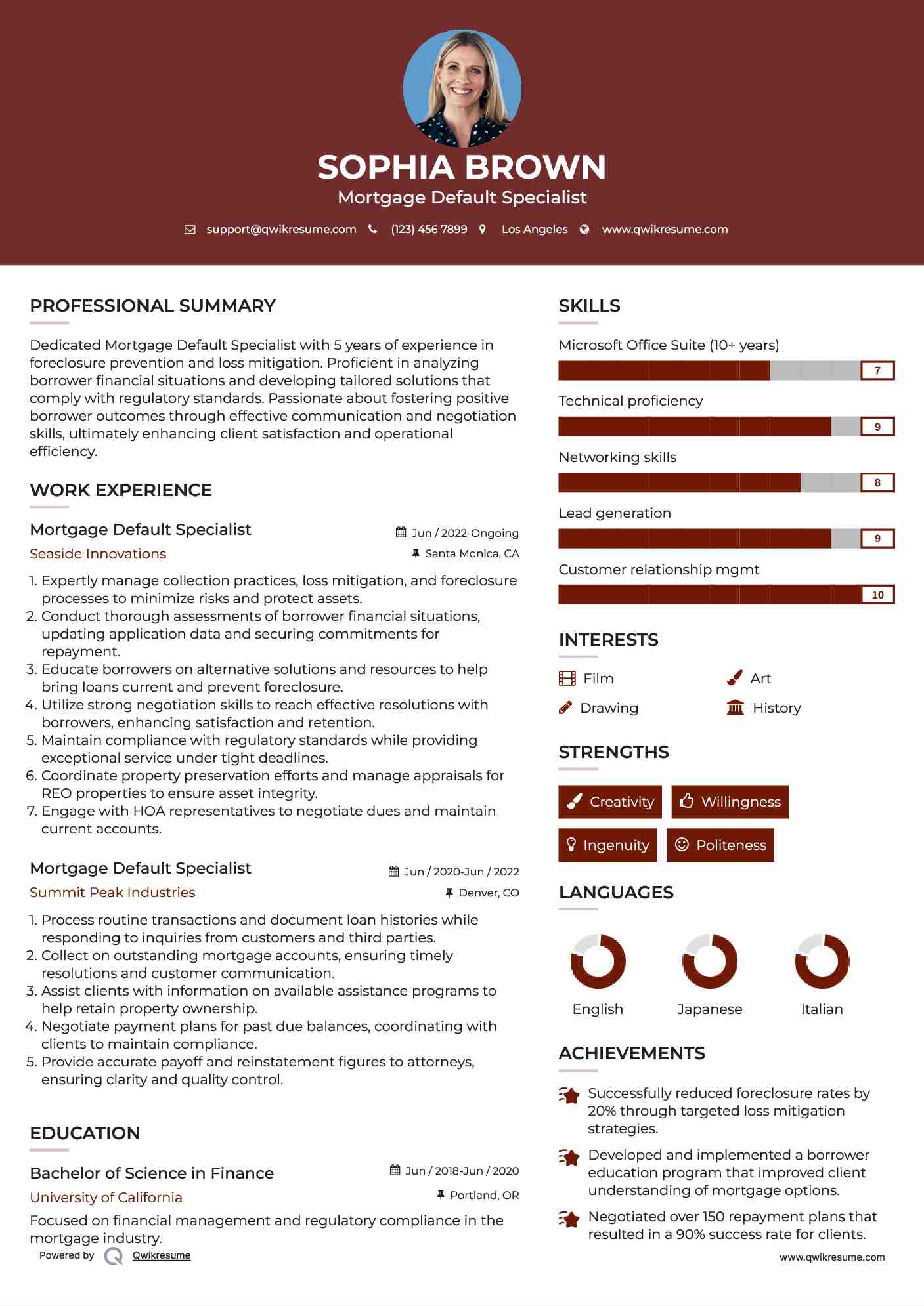Mortgage Default Specialist Resume Example