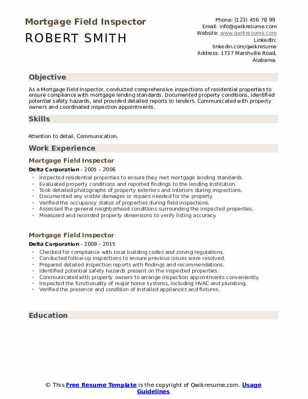 Mortgage Field Inspector Resume Samples QwikResume