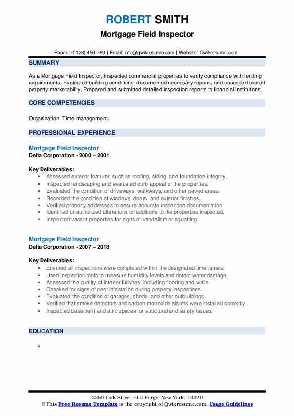 Mortgage Field Inspector Resume Samples QwikResume