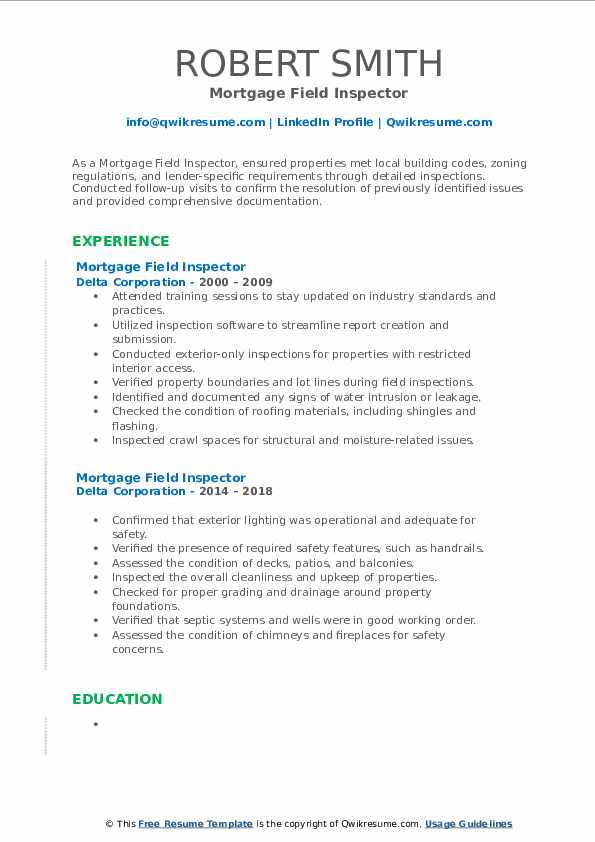 Mortgage Field Inspector Resume Samples QwikResume