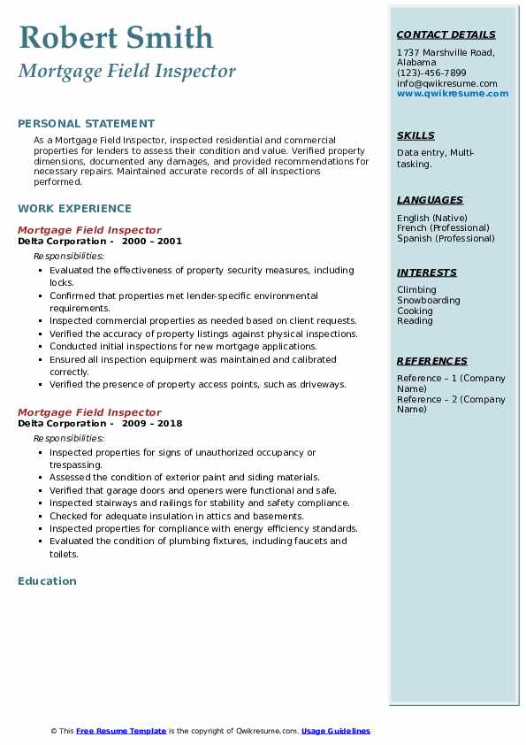 Mortgage Field Inspector Resume Samples QwikResume
