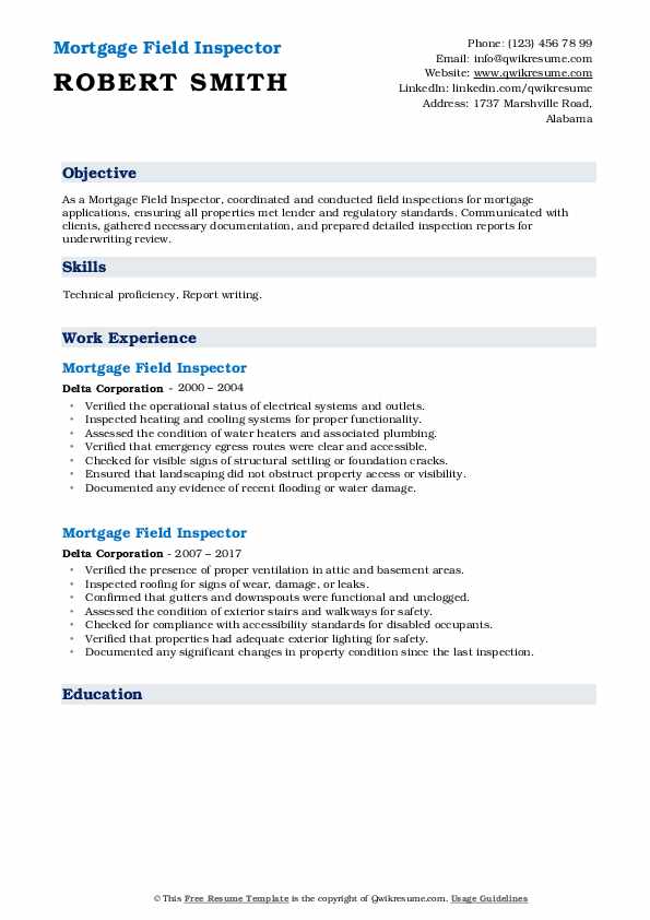 Mortgage Field Inspector Resume Samples QwikResume
