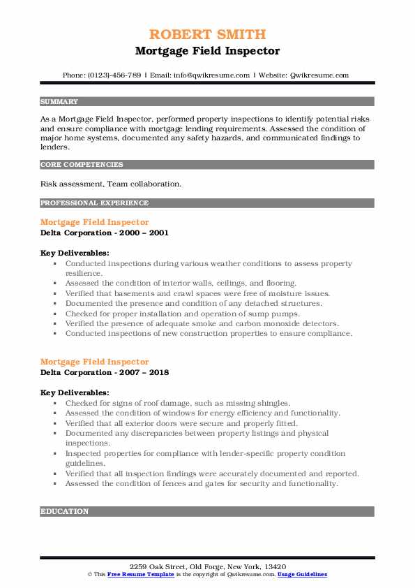 Mortgage Field Inspector Resume Samples QwikResume