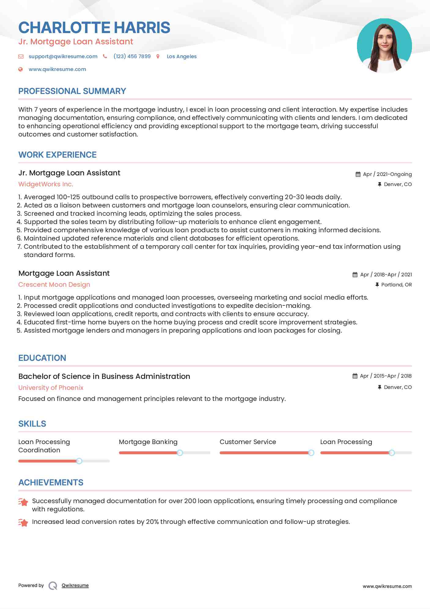 Jr. Mortgage Loan Assistant Resume Model