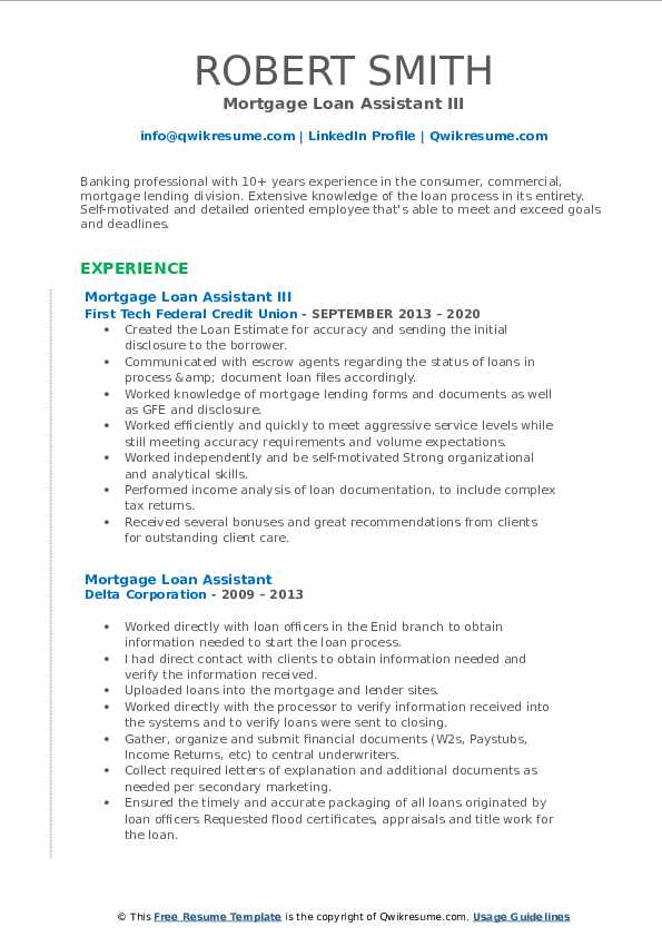 Mortgage Loan Assistant Resume Samples QwikResume