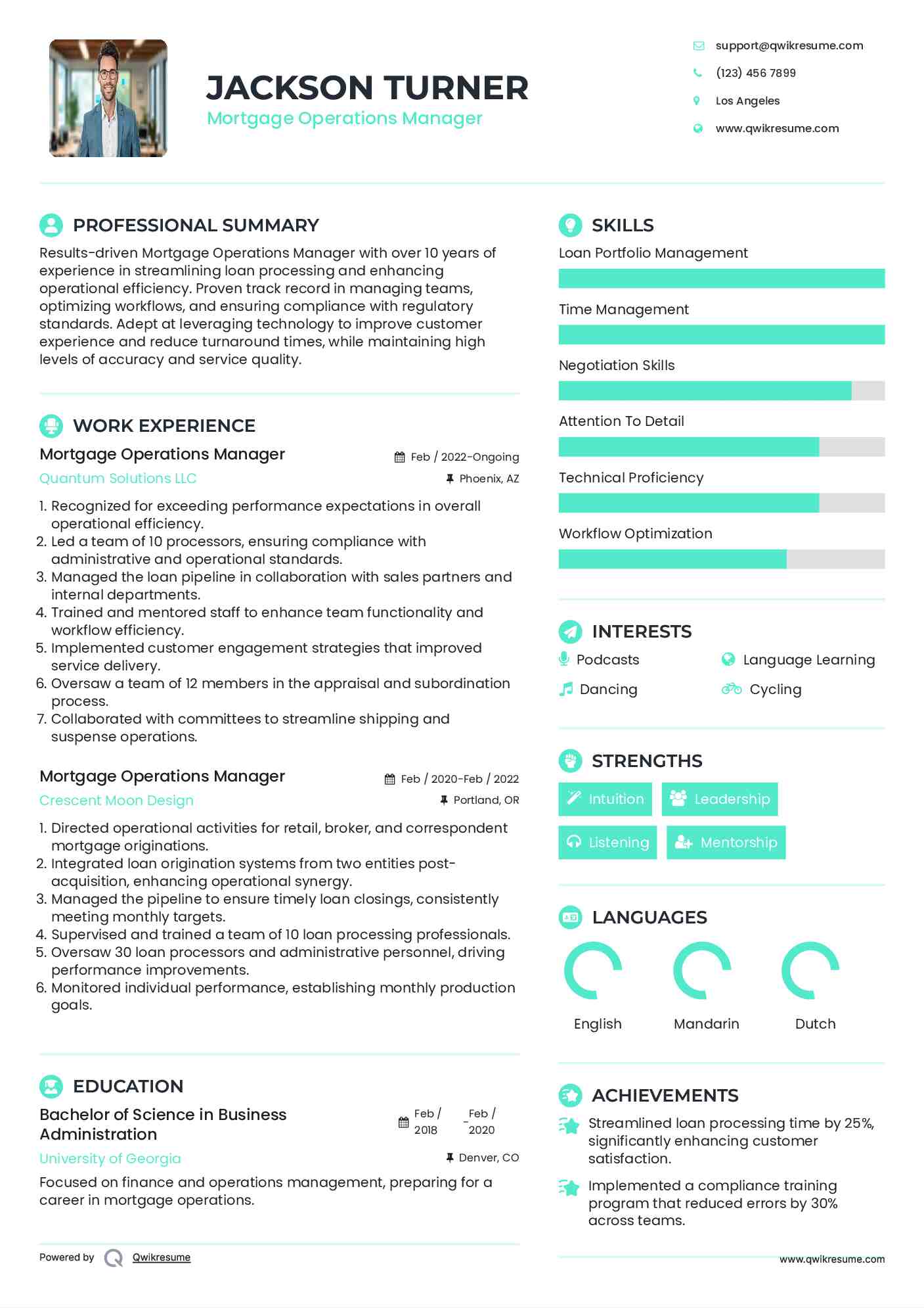 Mortgage Operations Manager Resume Sample