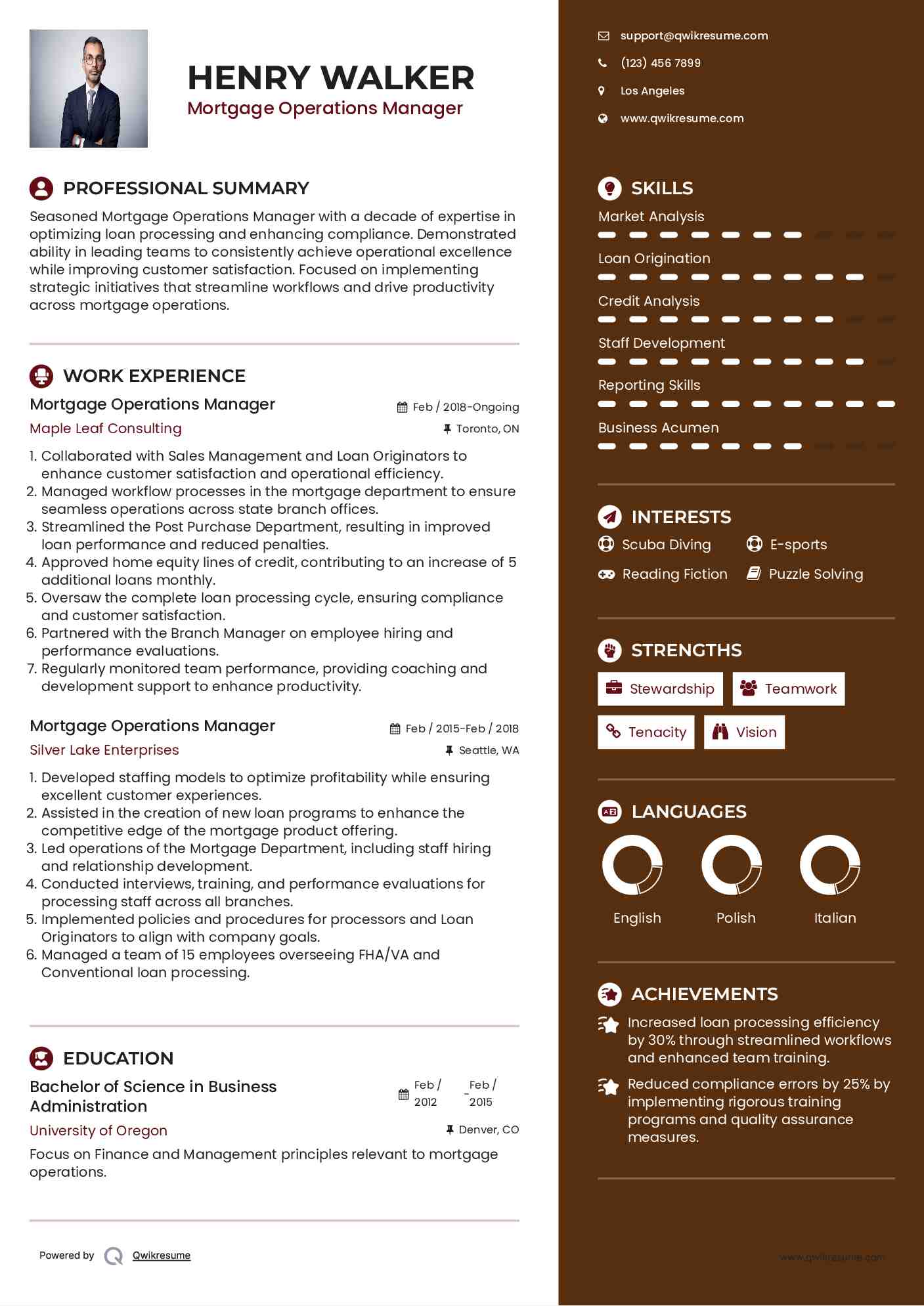 Mortgage Operations Manager Resume Sample