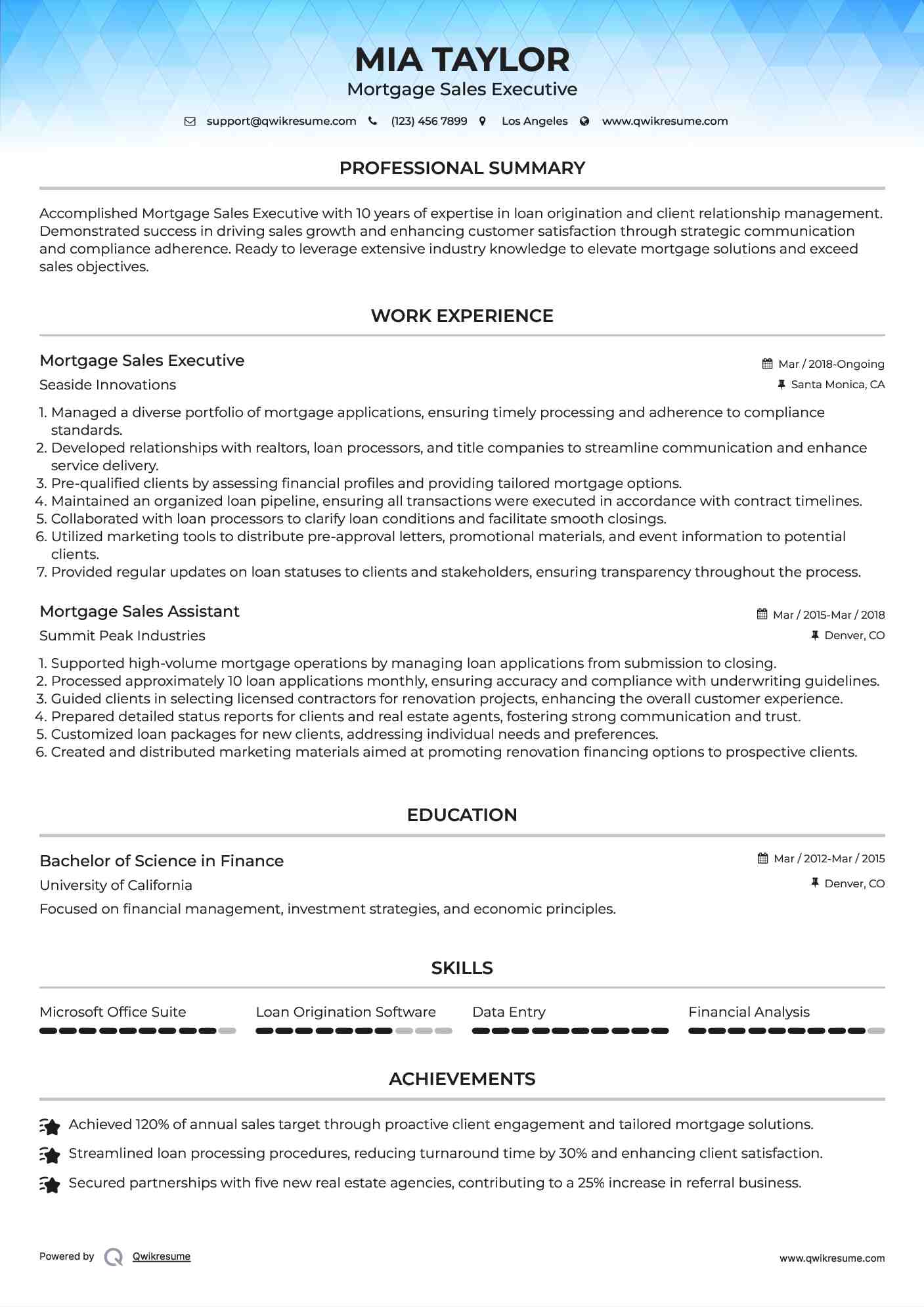 Mortgage Sales Executive Resume Sample