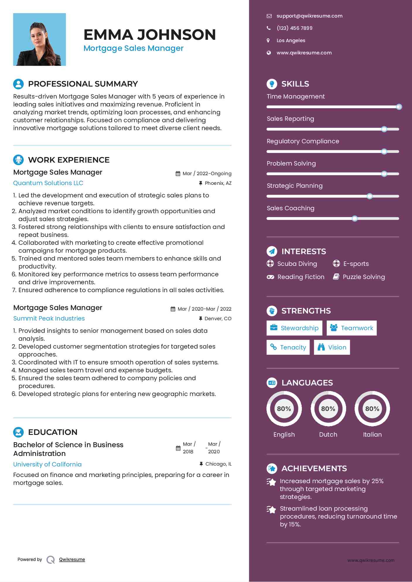 Mortgage Sales Manager Resume Example