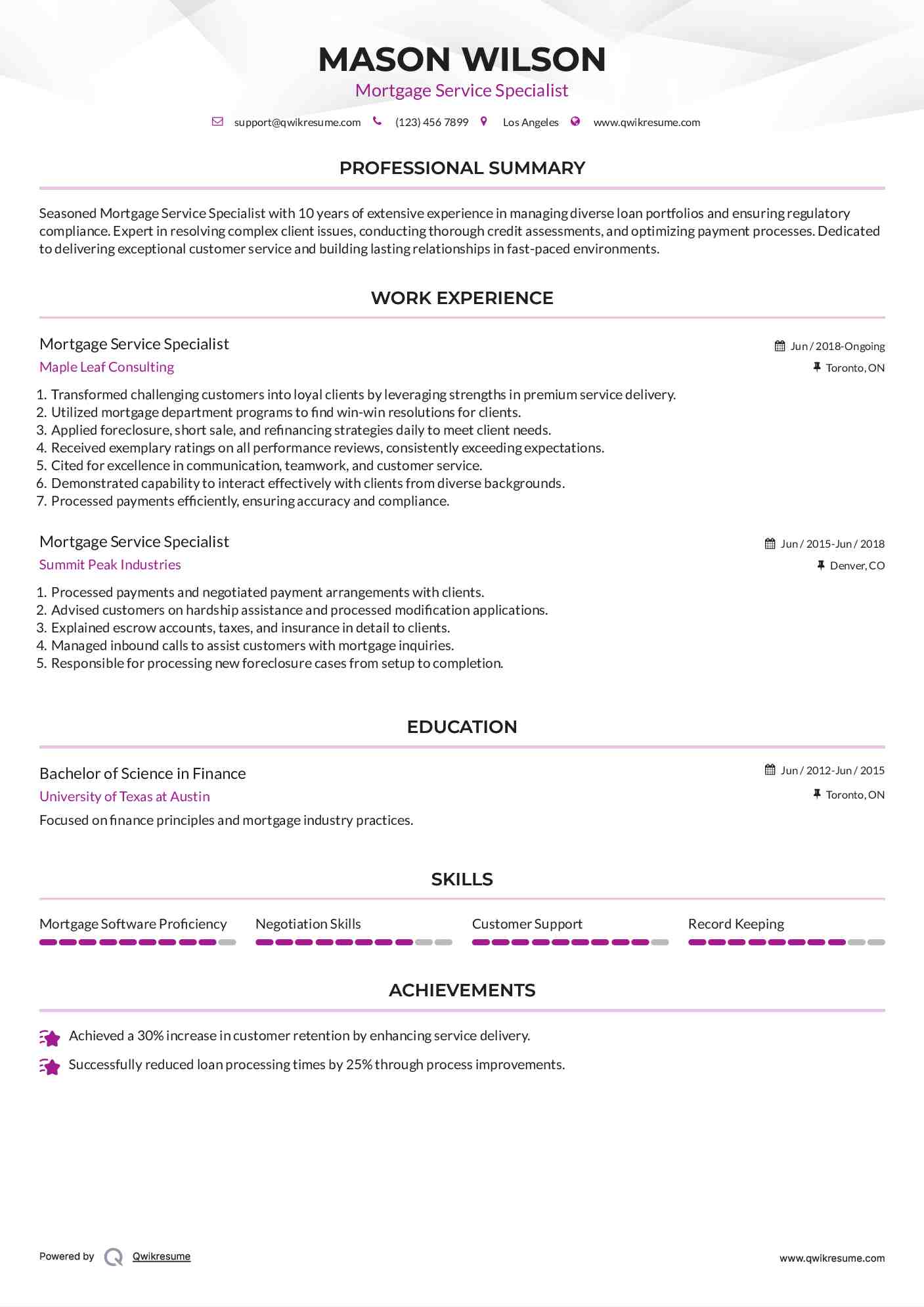 Mortgage Service Specialist Resume Model