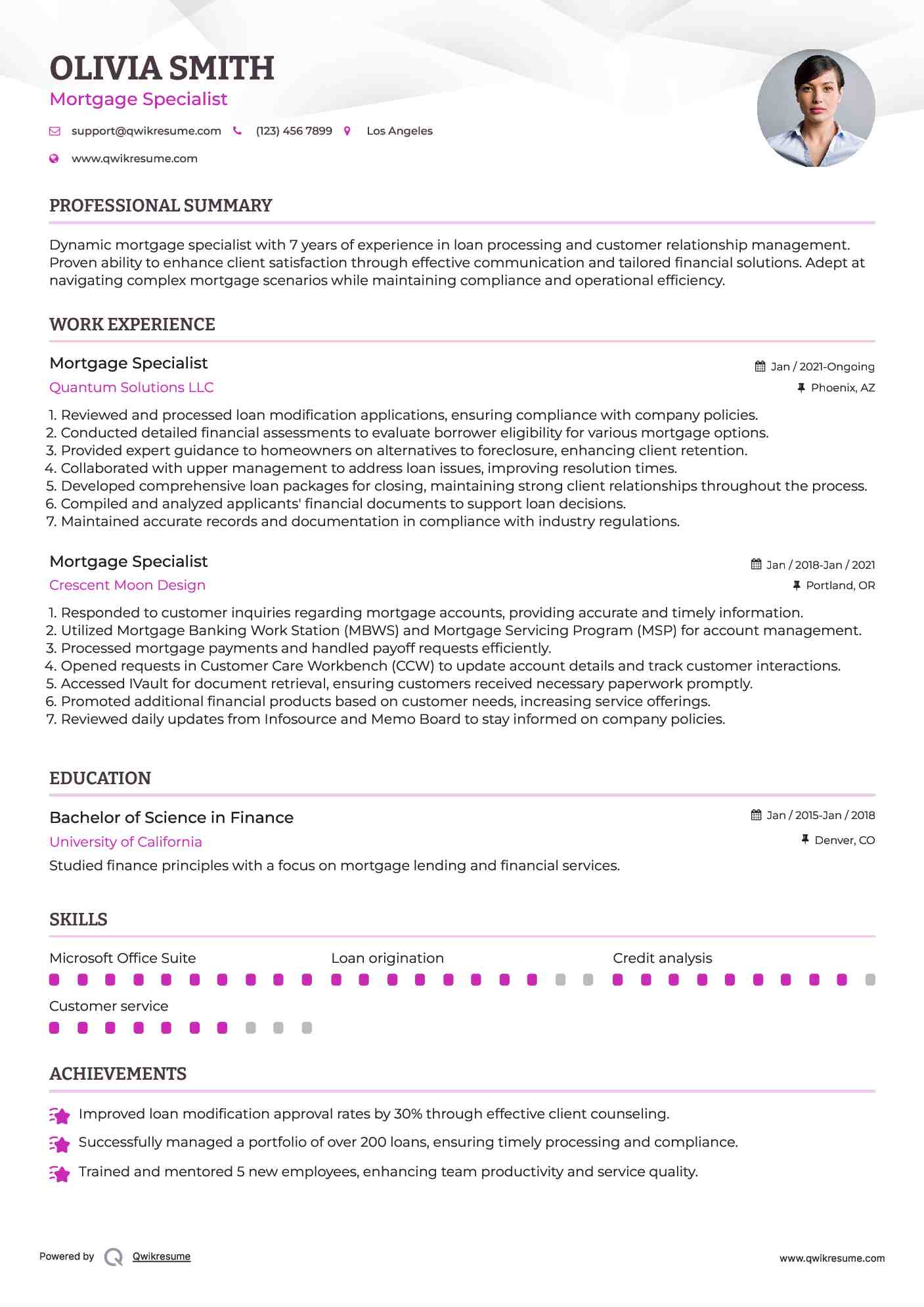 Mortgage Specialist Resume Sample