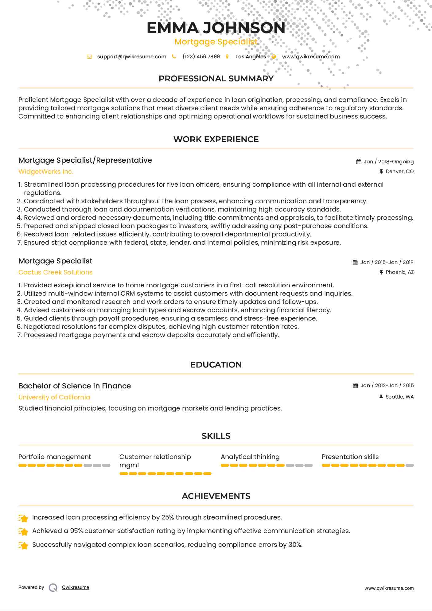 Mortgage Specialist/Representative Resume Example