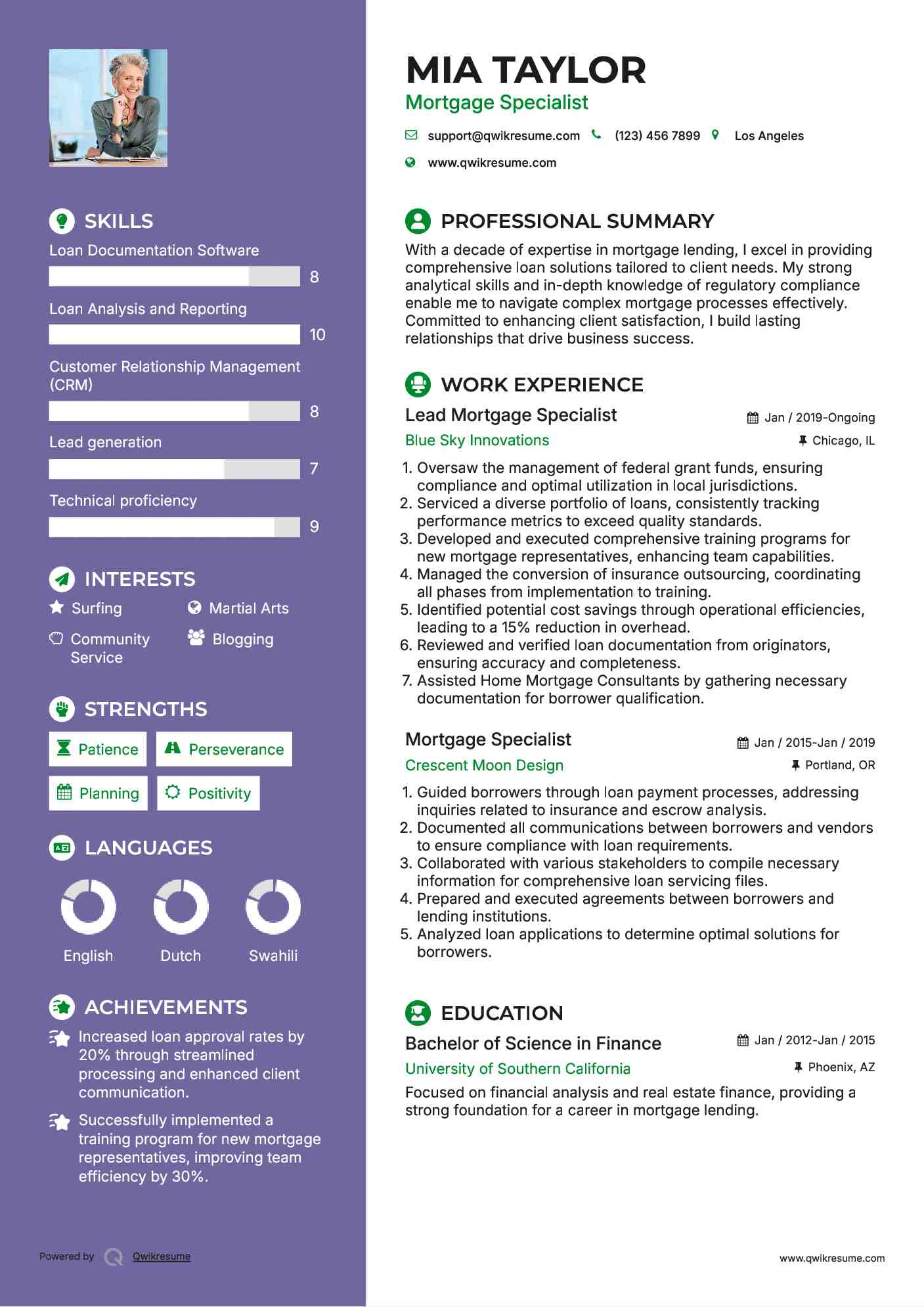 Lead Mortgage Specialist Resume Example