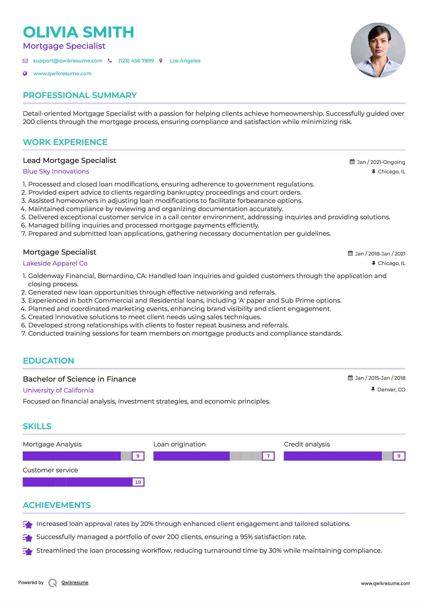 Lead Mortgage Specialist Resume Sample