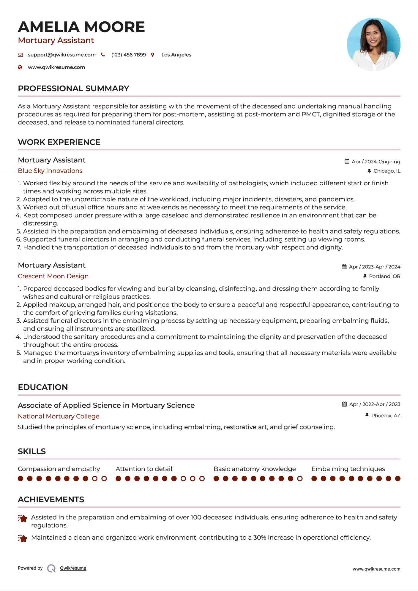 Mortuary Assistant Resume Example