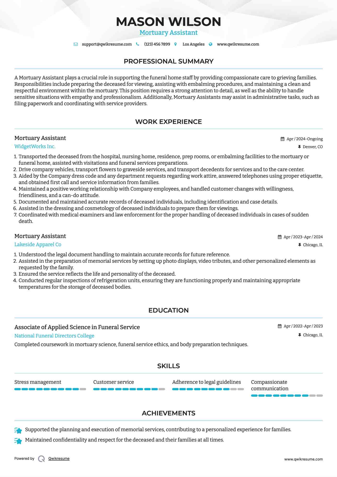 Mortuary Assistant Resume Format