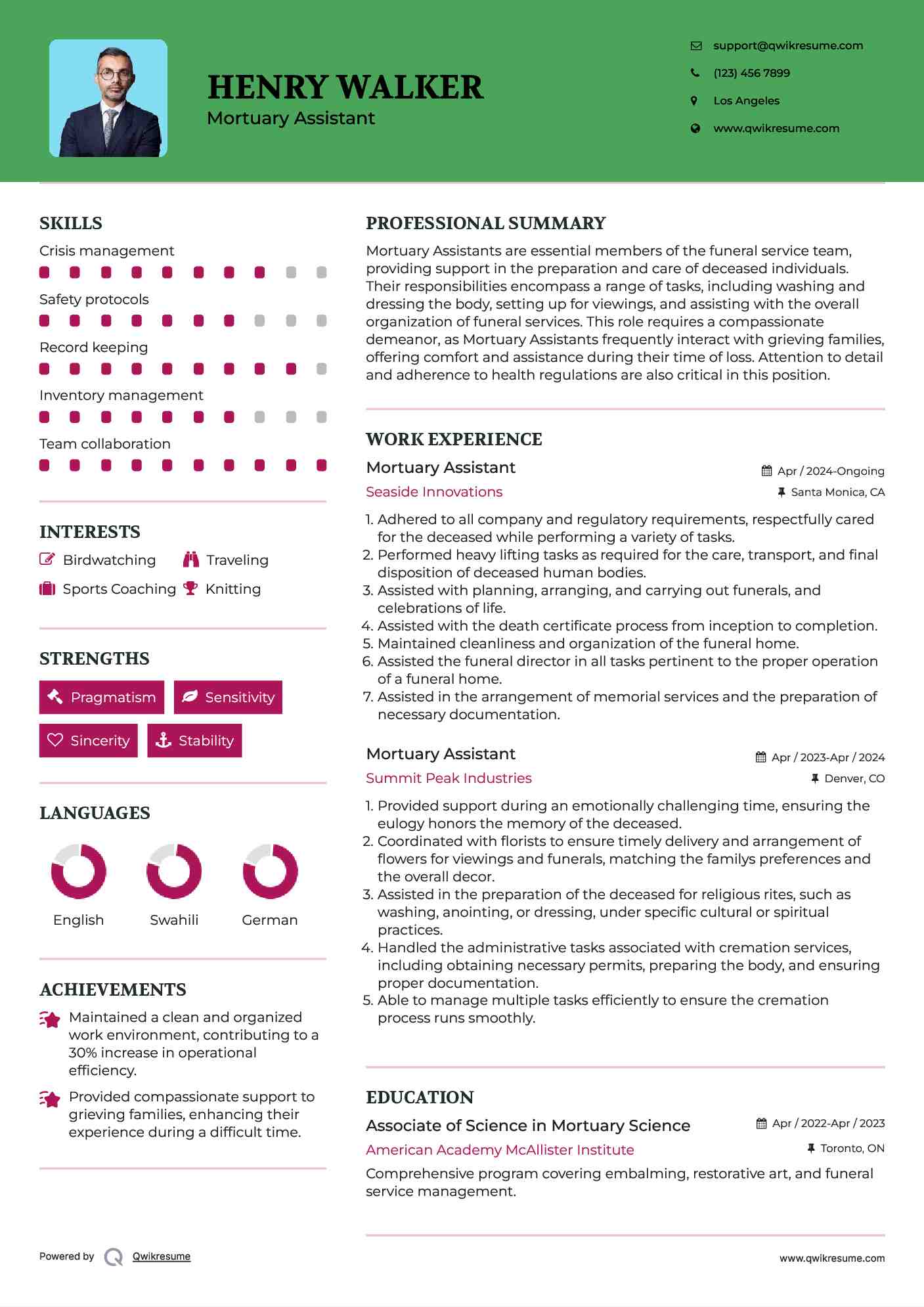 Mortuary Assistant Resume Template