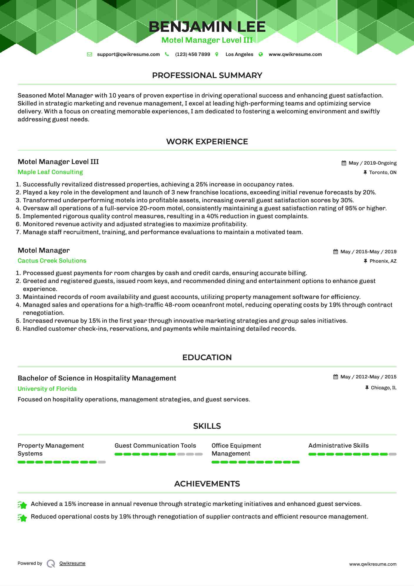 Motel Manager Level III Resume Template