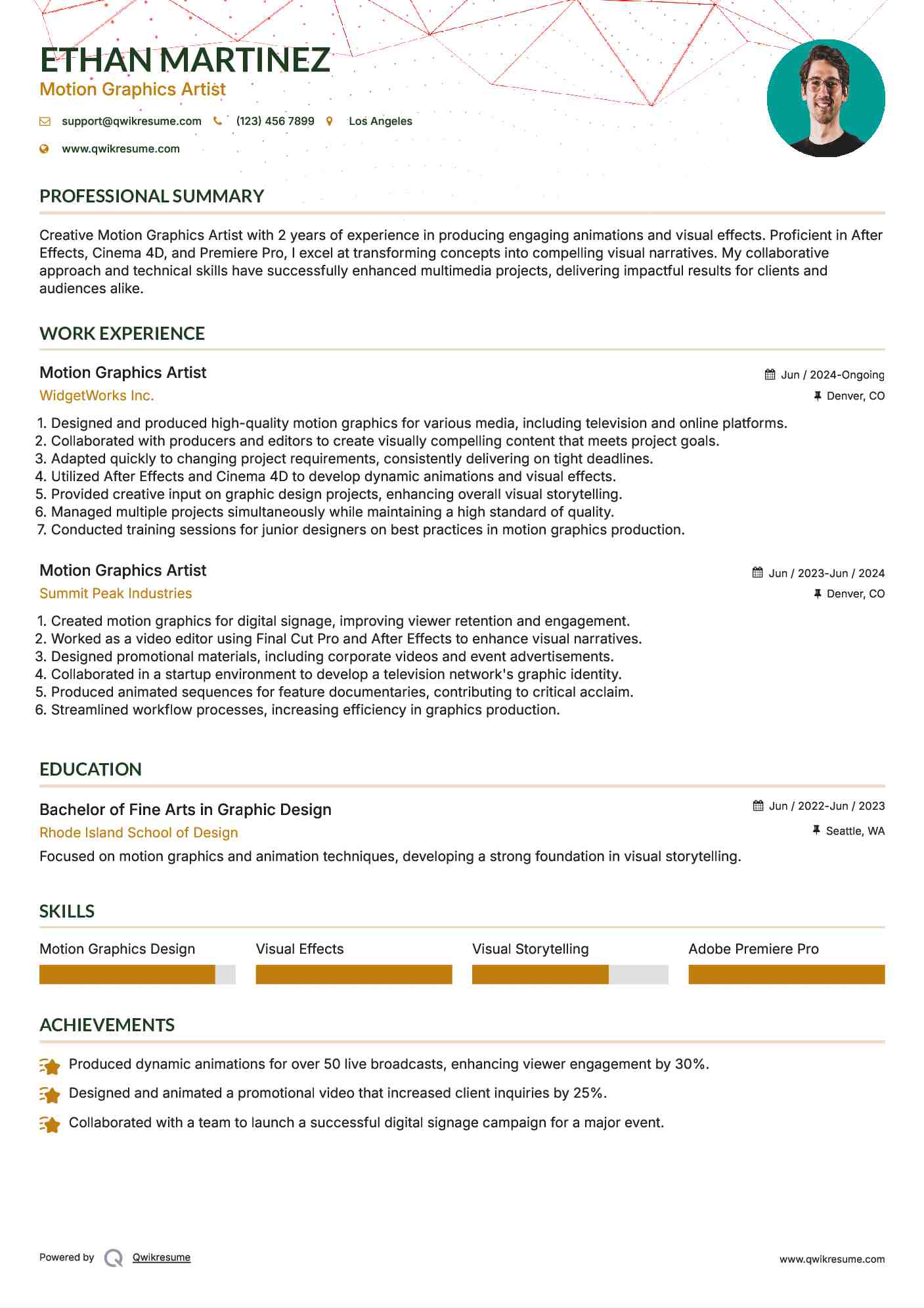 Motion Graphics Artist Resume Model