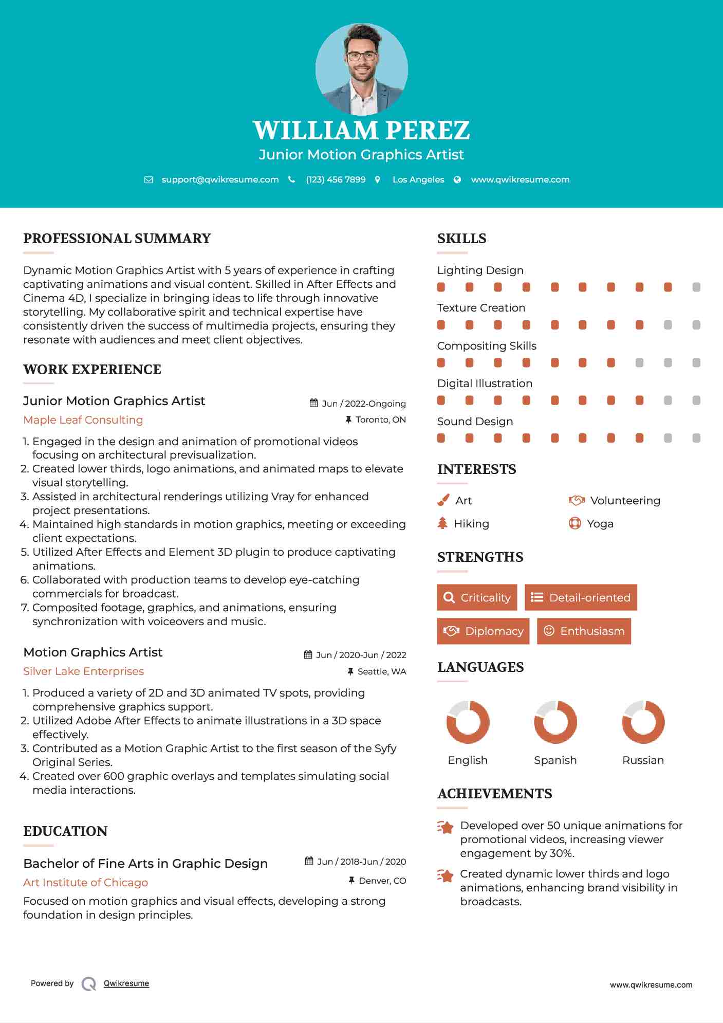 Junior Motion Graphics Artist Resume Model