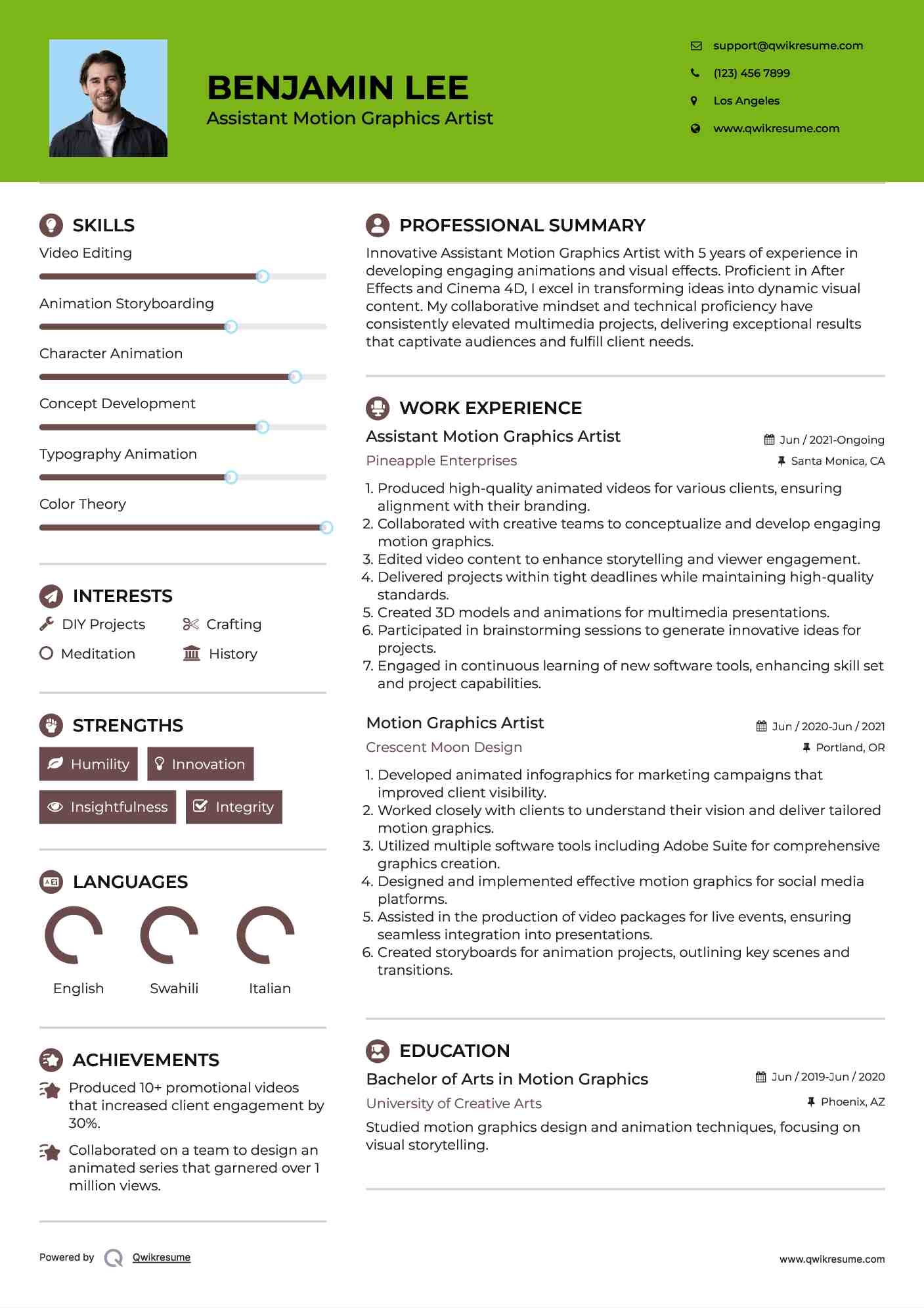 Assistant Motion Graphics Artist Resume Example