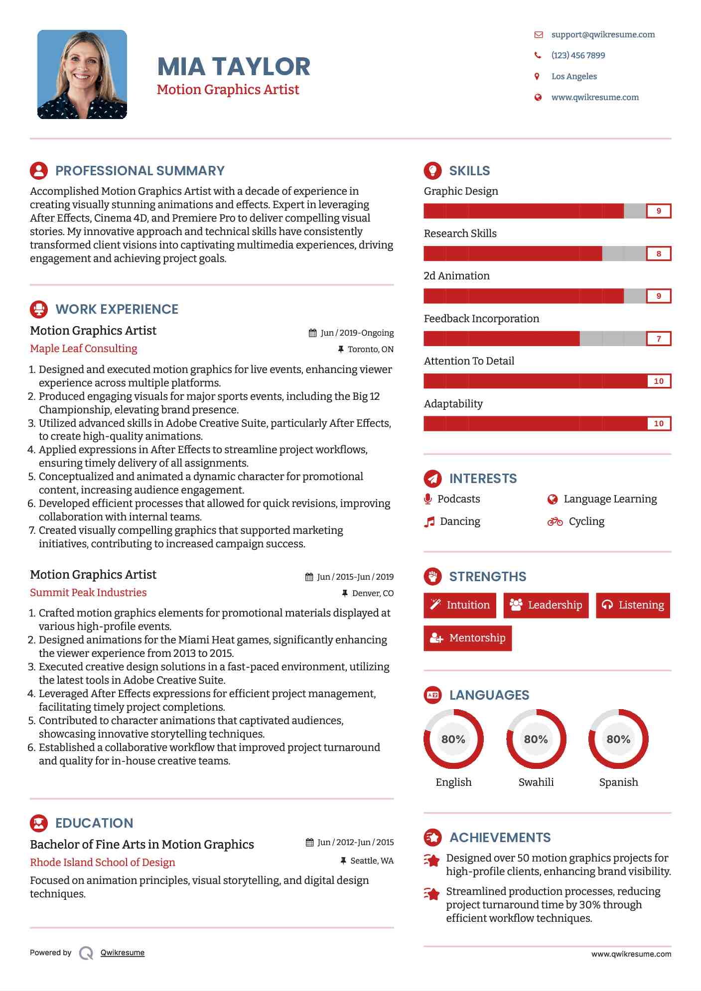 Motion Graphics Artist Resume Template