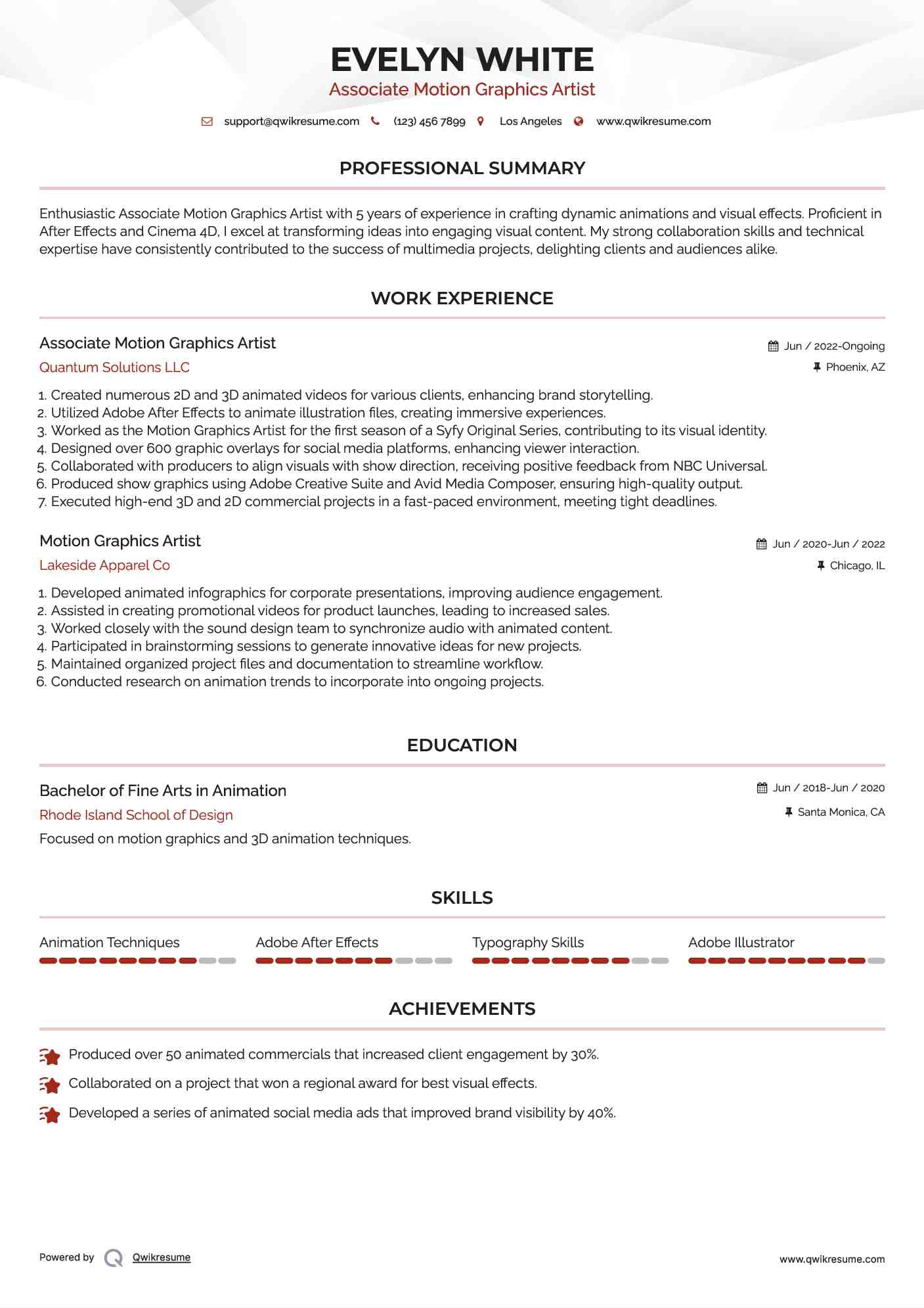 Associate Motion Graphics Artist Resume Format