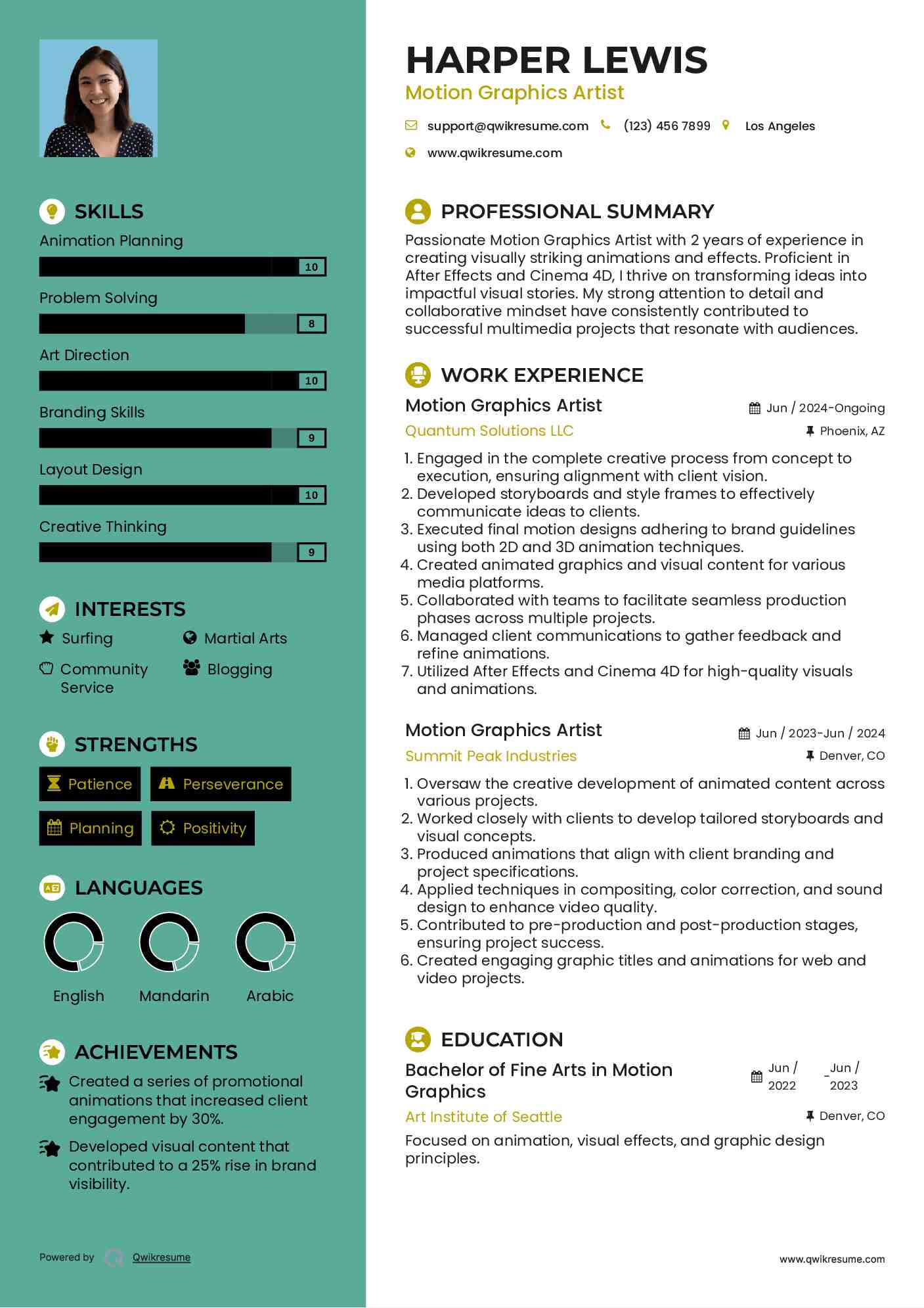 Motion Graphics Artist Resume Sample