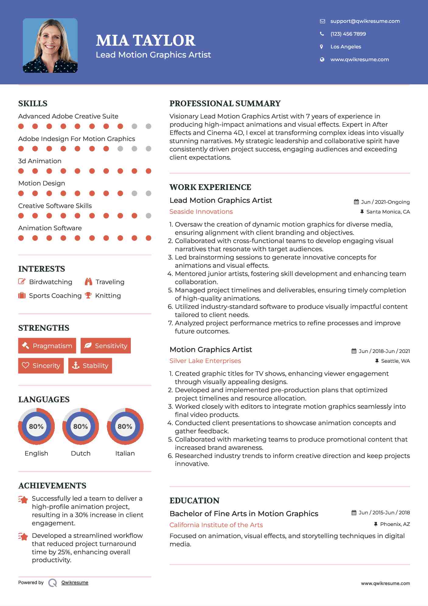 Lead Motion Graphics Artist Resume Format