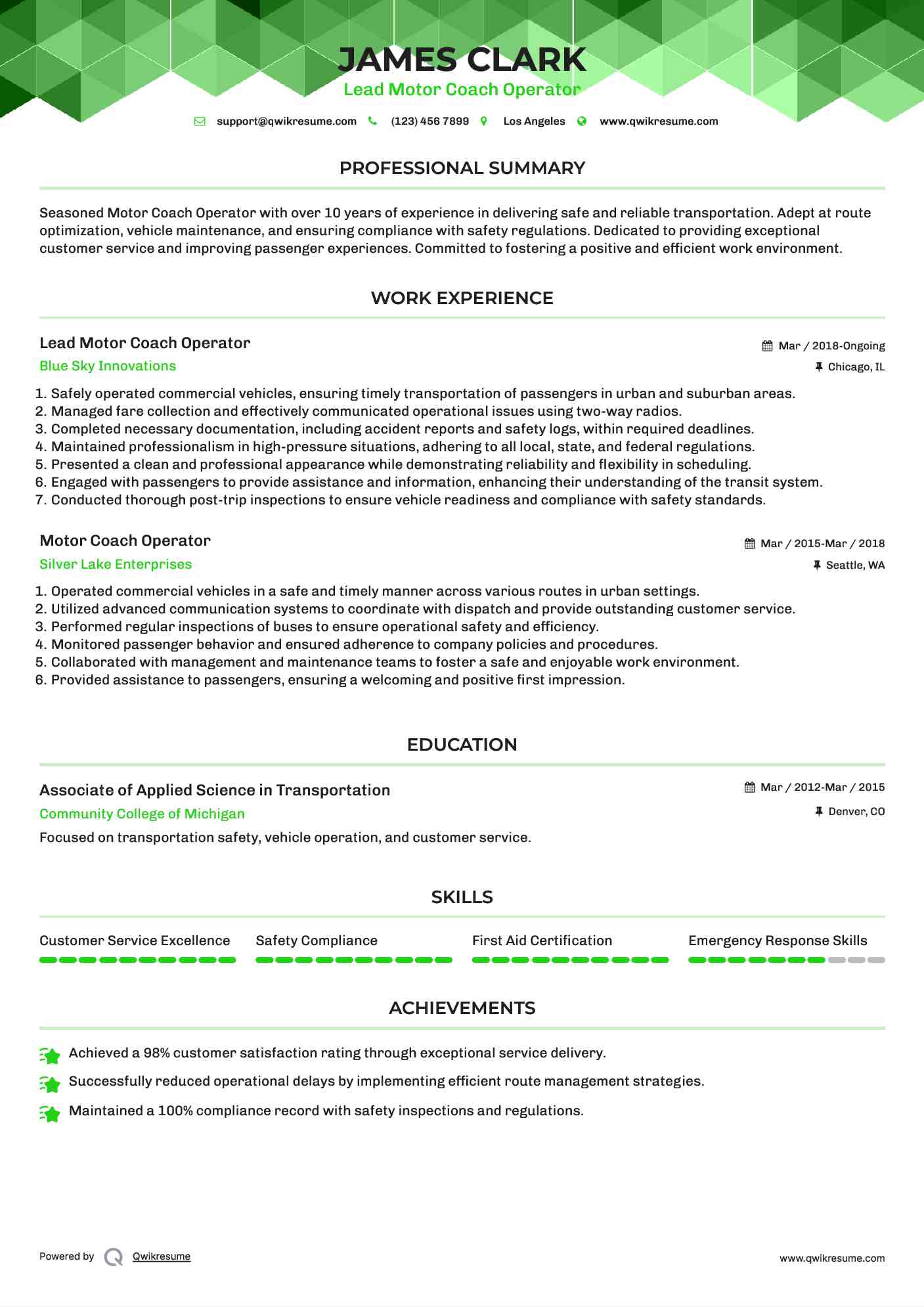 Lead Motor Coach Operator Resume Example