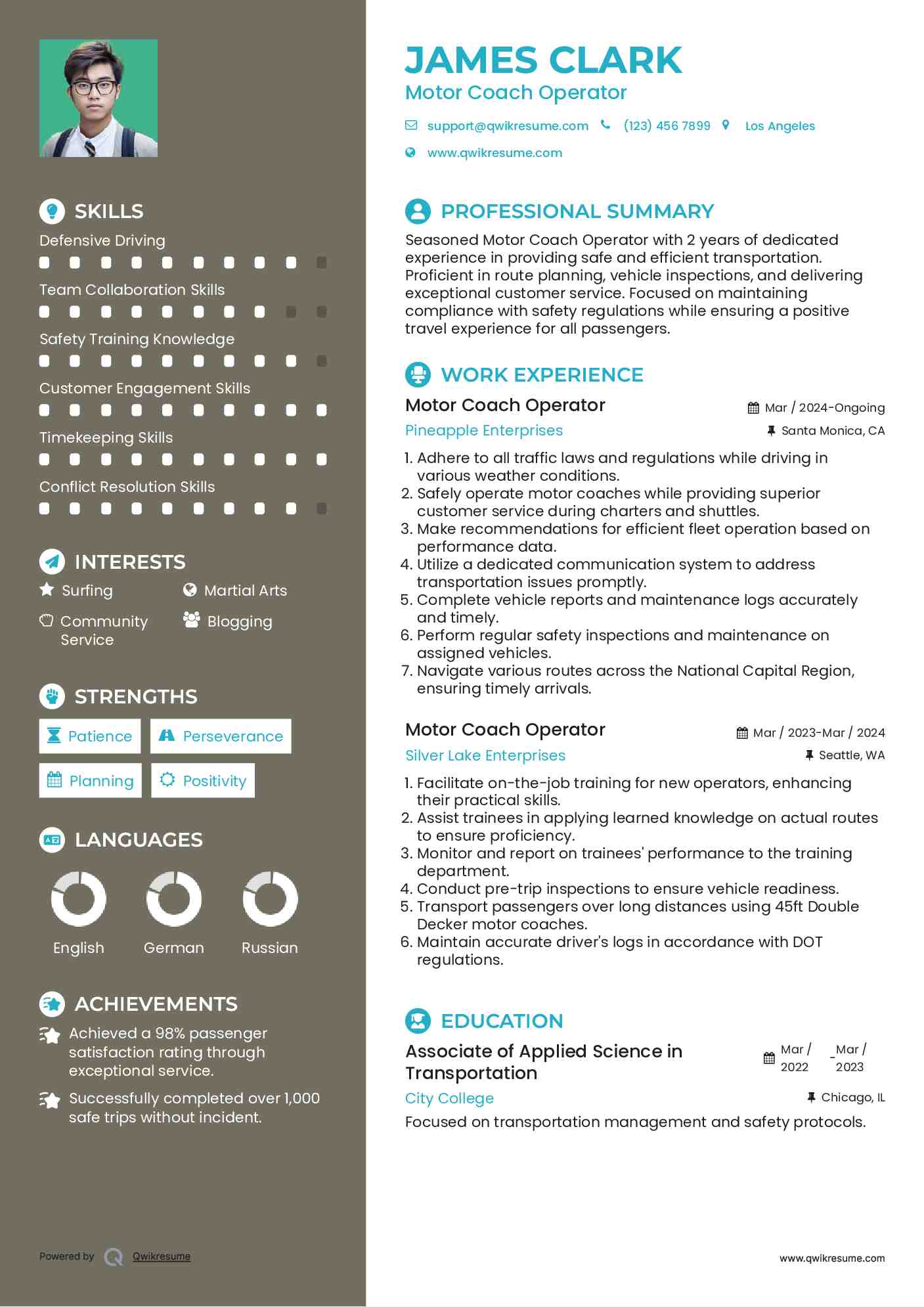 Motor Coach Operator Resume Example