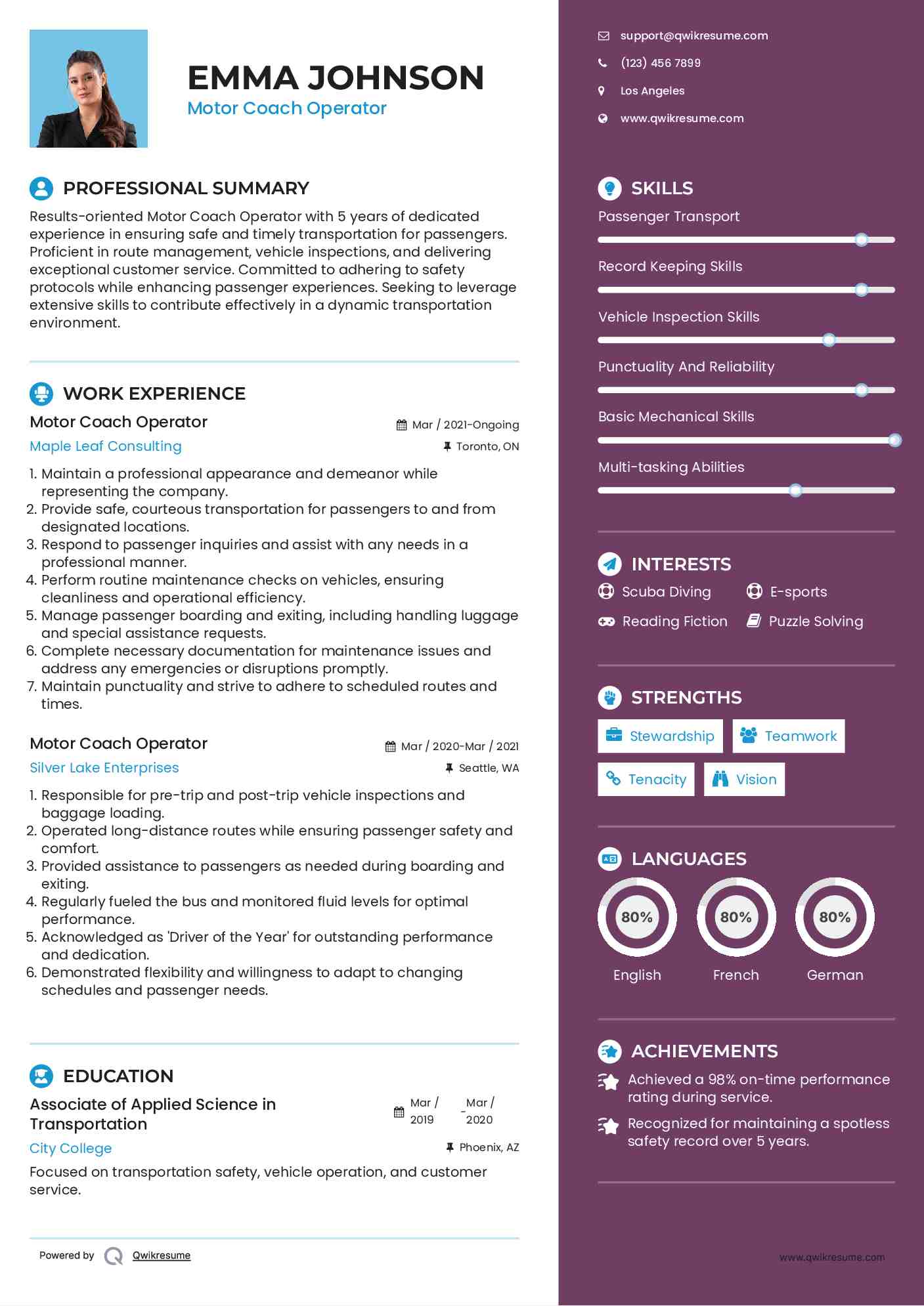Motor Coach Operator Resume Format