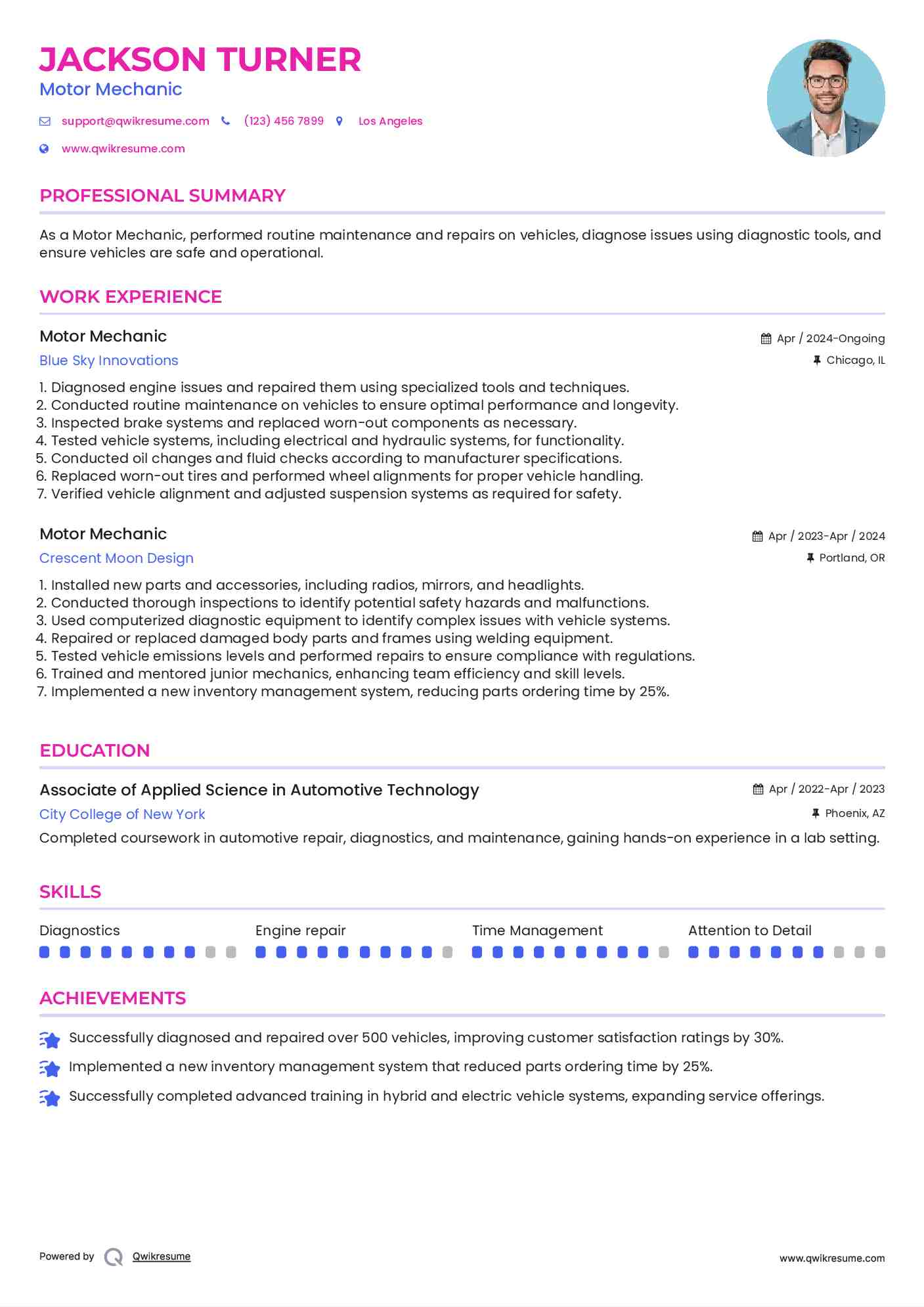 Motor Mechanic Resume Format