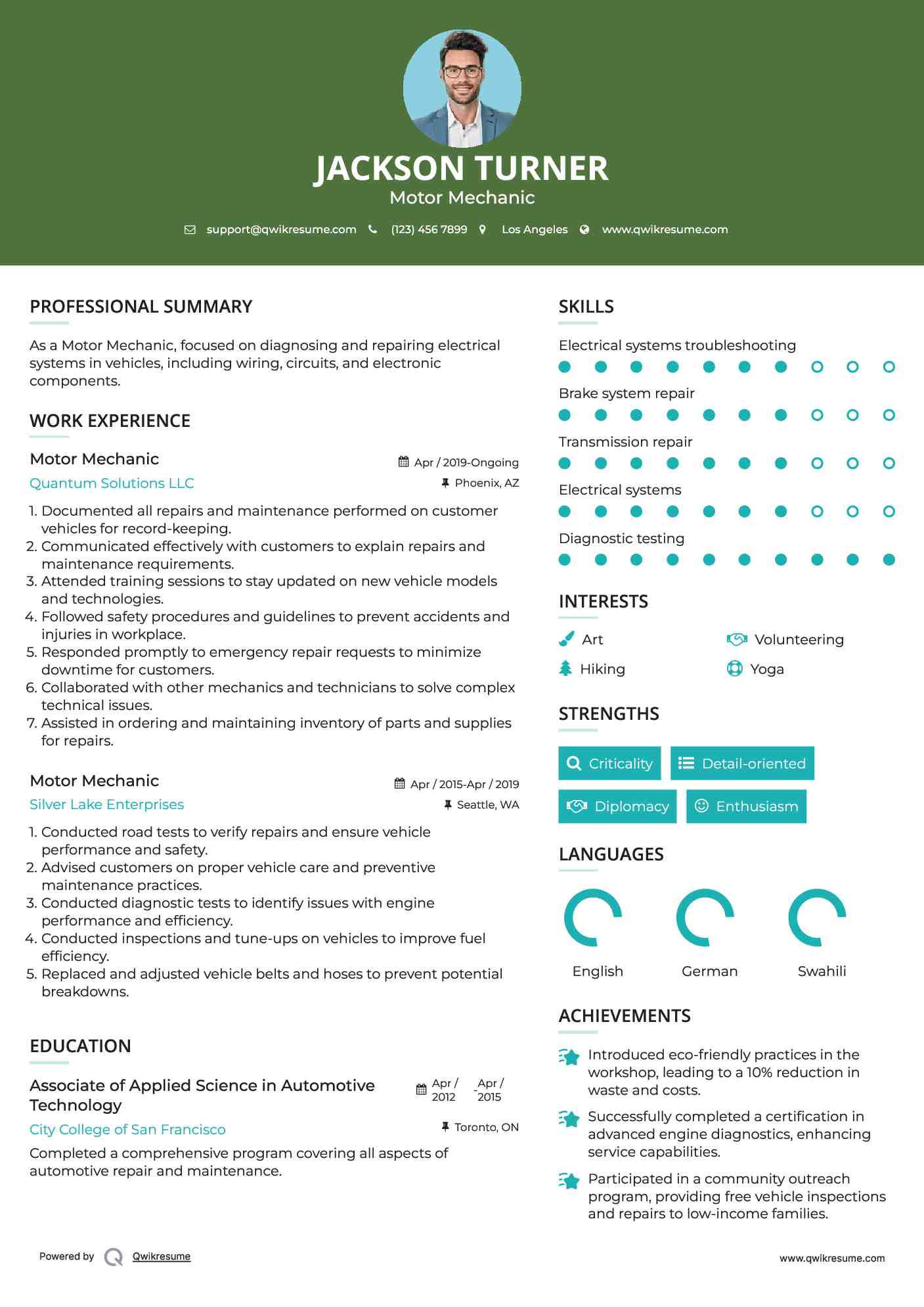 Motor Mechanic Resume Template