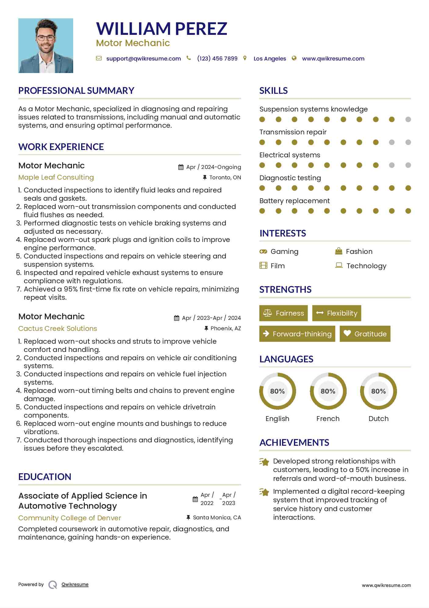 Motor Mechanic Resume Sample