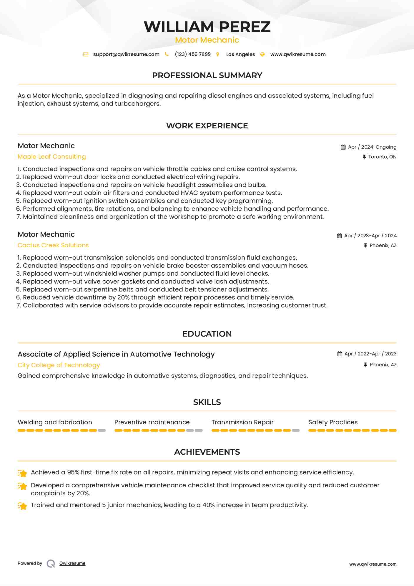 Motor Mechanic Resume Sample