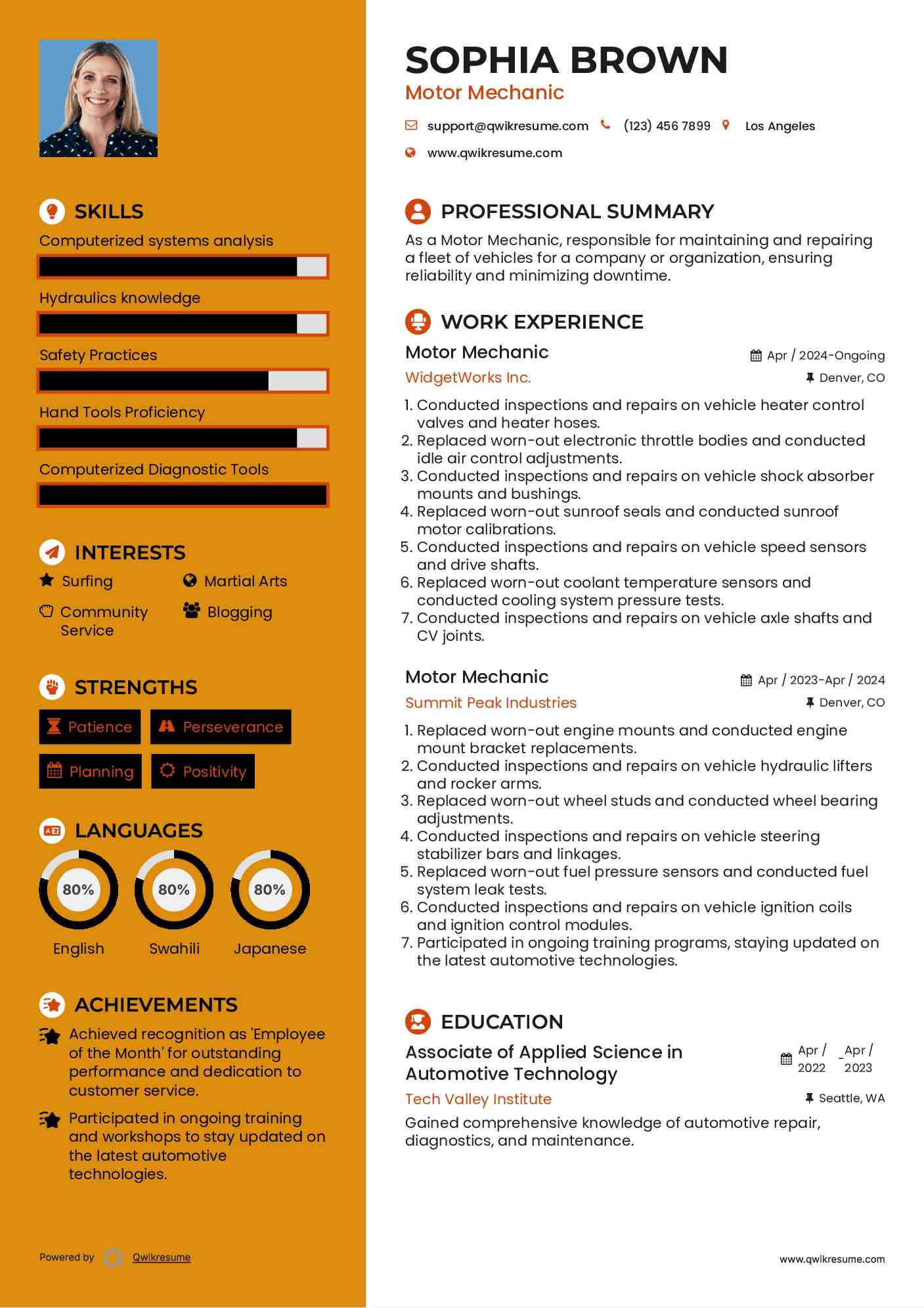 Motor Mechanic Resume Format