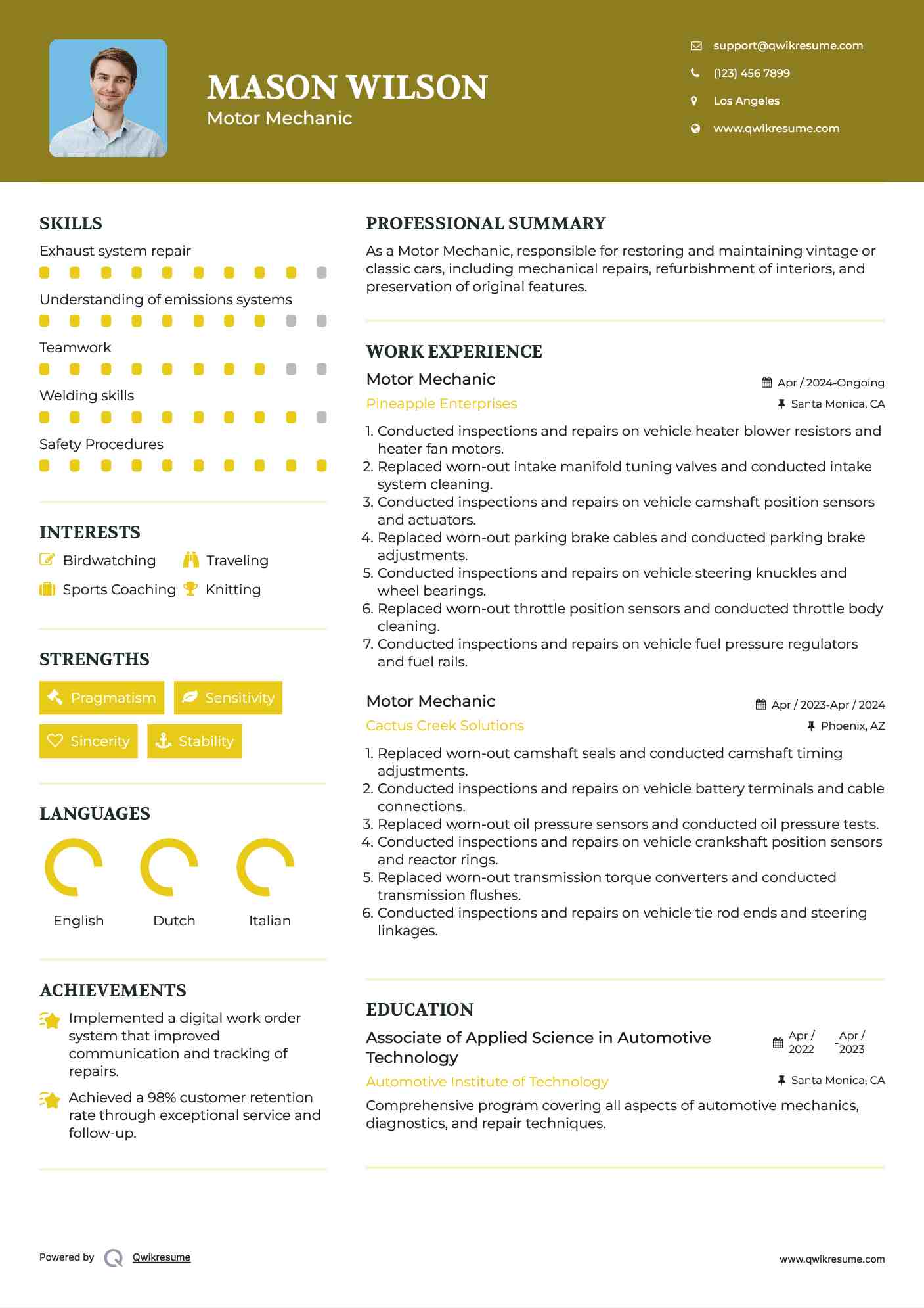 Motor Mechanic Resume Format