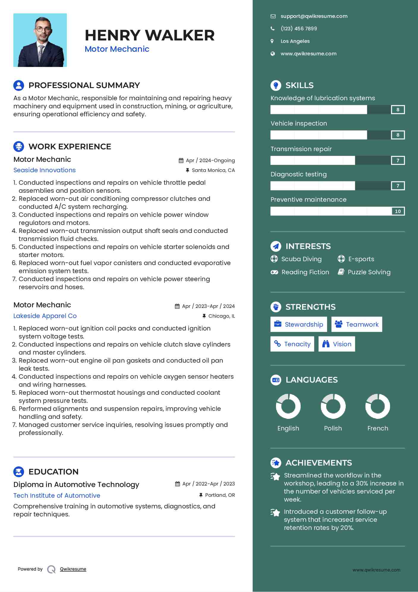 Motor Mechanic Resume Model