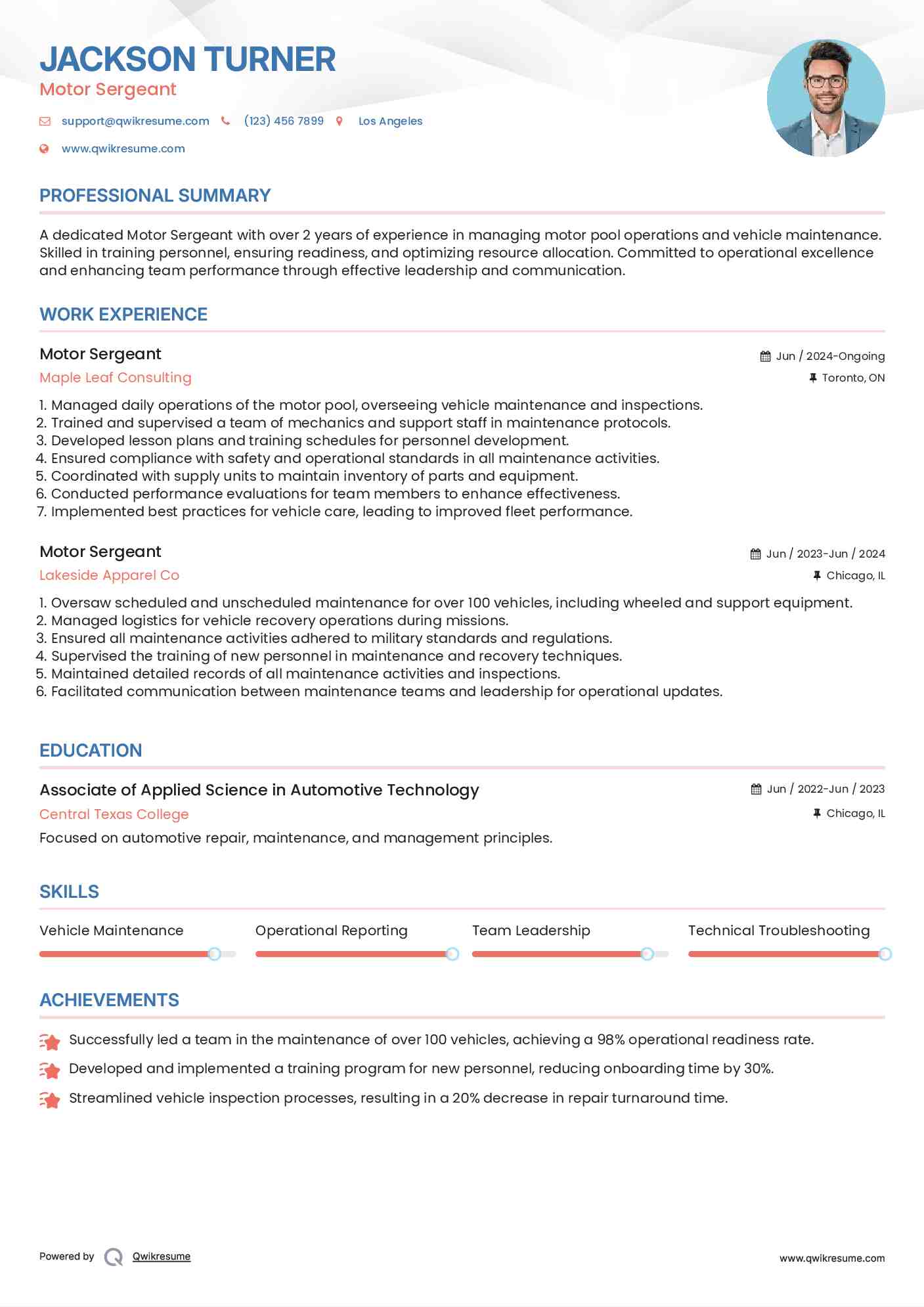 Motor Sergeant Resume Format
