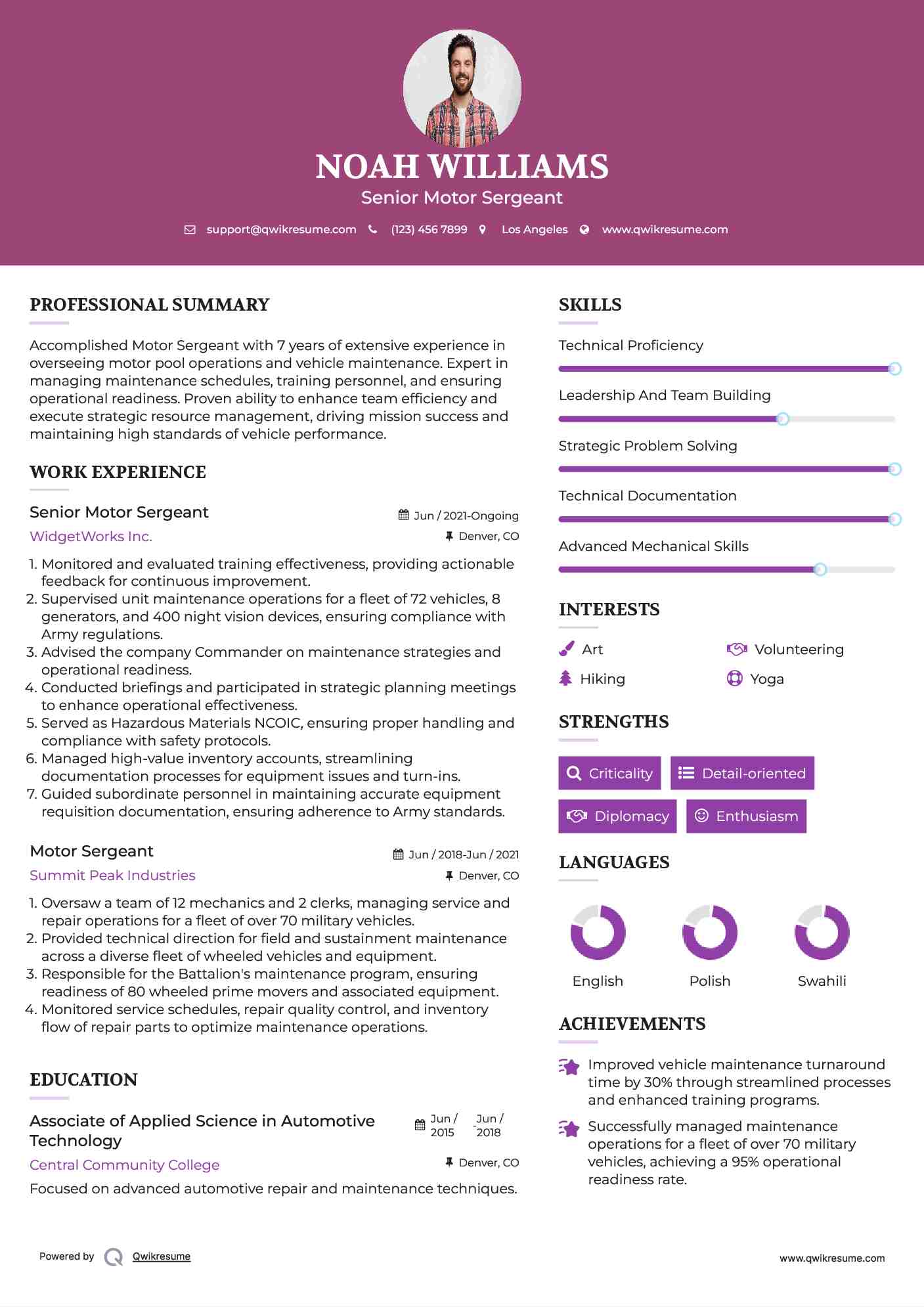 Senior Motor Sergeant Resume Model