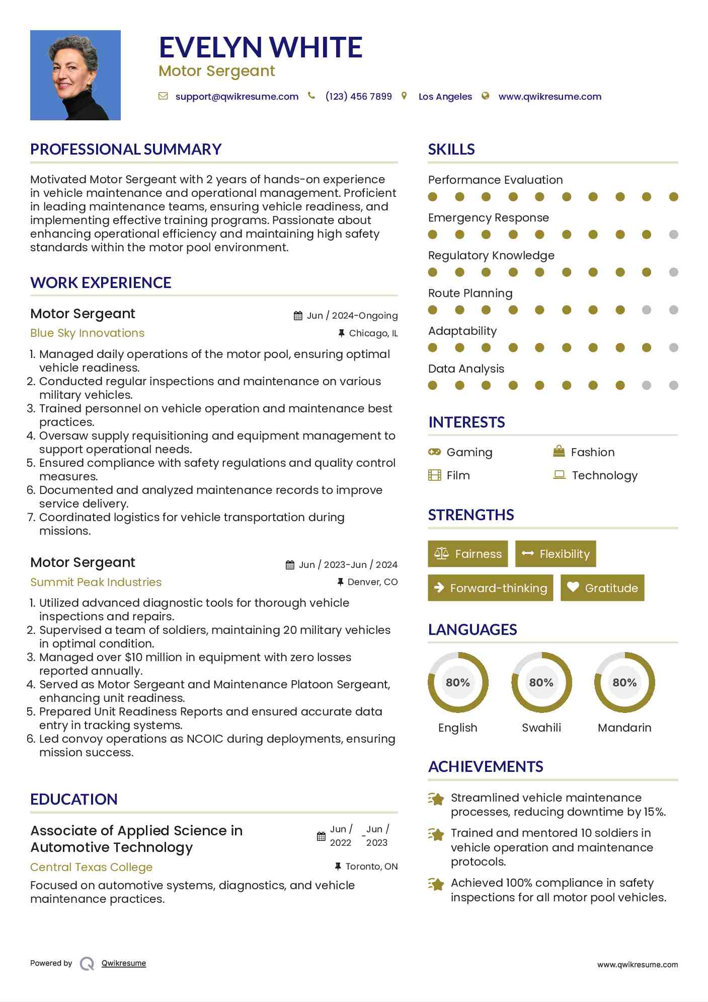 Motor Sergeant Resume Model