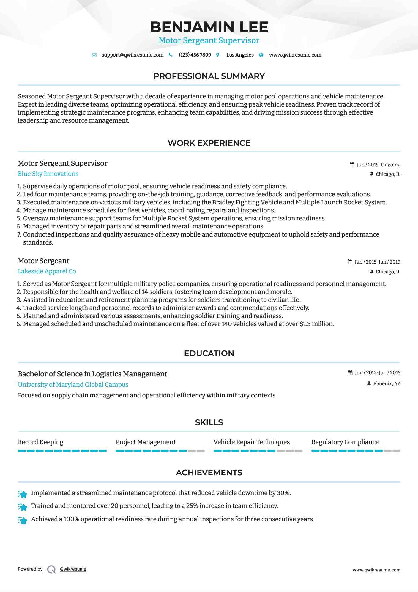 Motor Sergeant Supervisor Resume Format