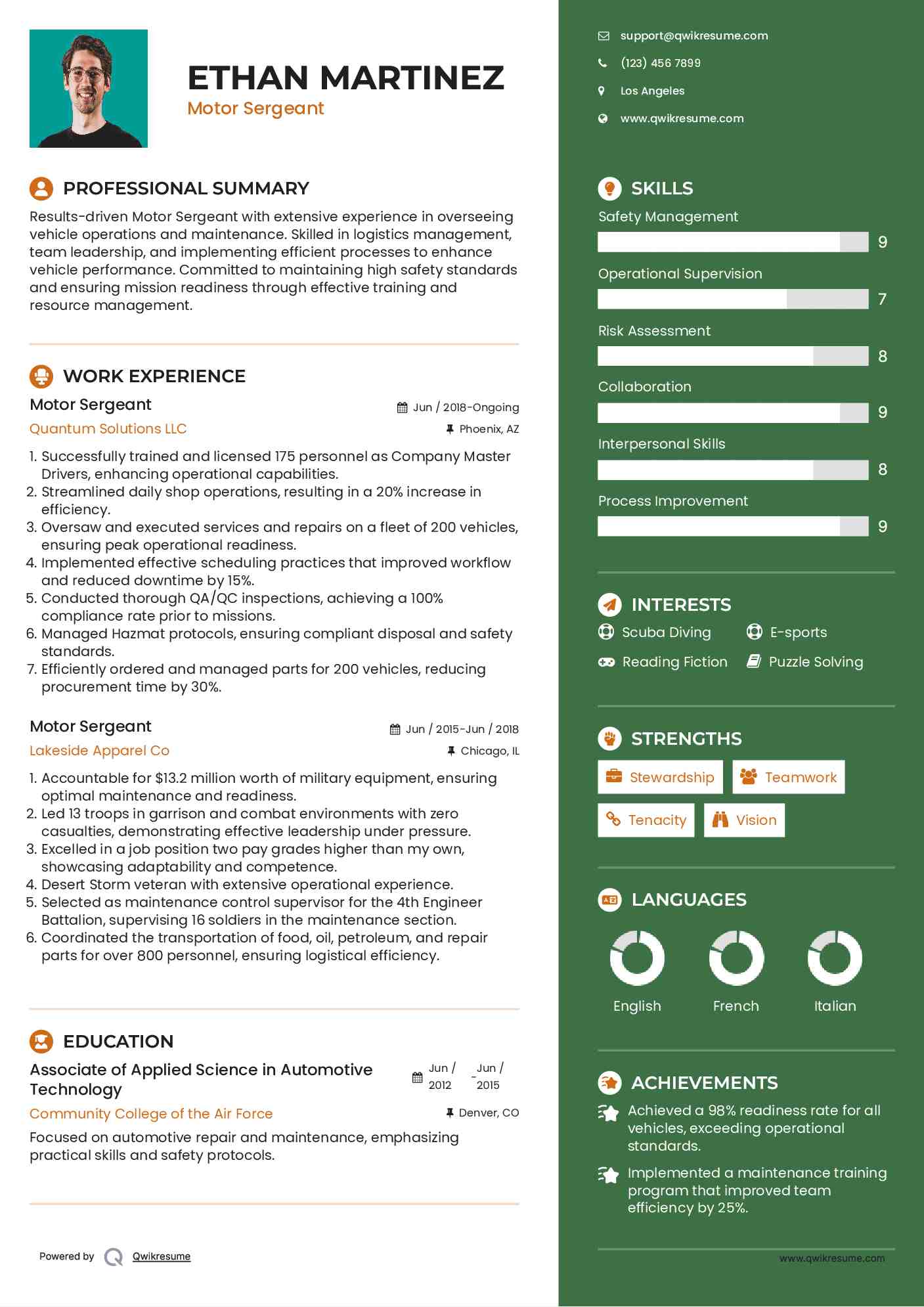 Motor Sergeant Resume Sample