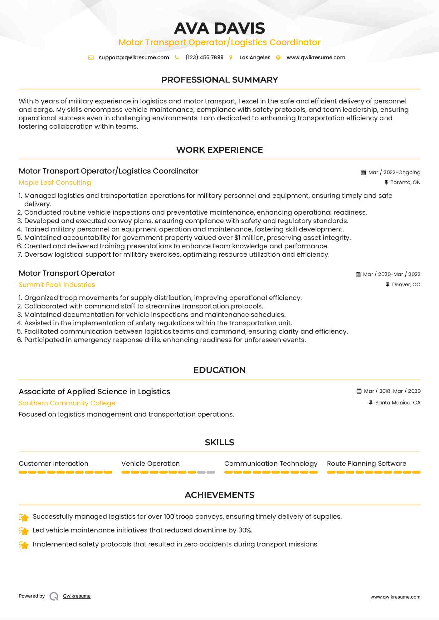 Motor Transport Operator Resume Samples QwikResume