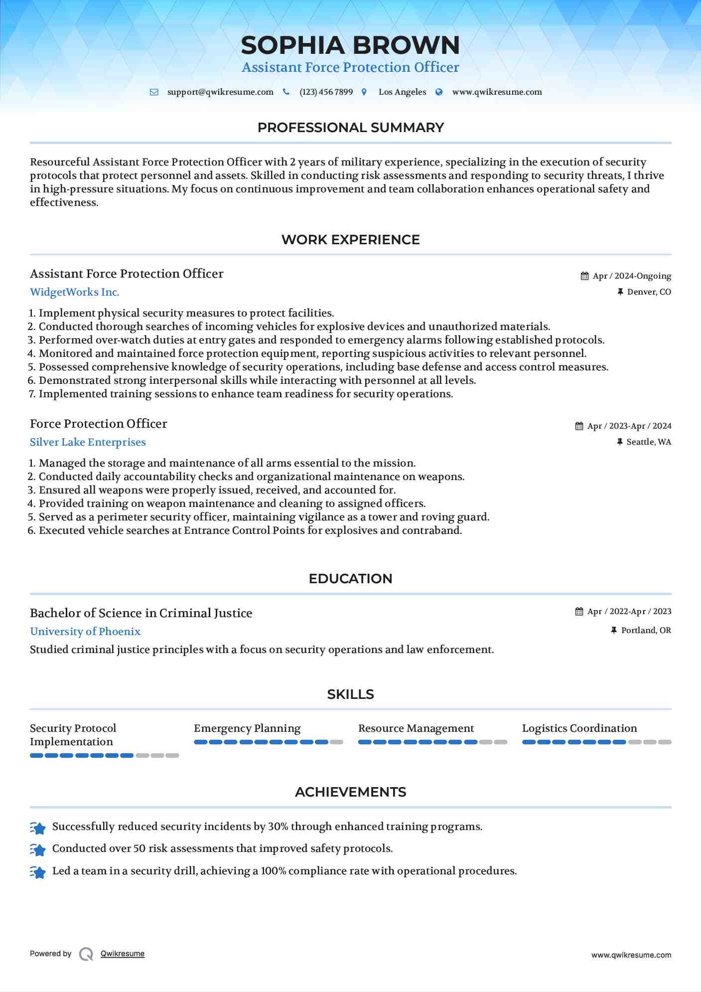 Assistant Force Protection Officer  Resume Model