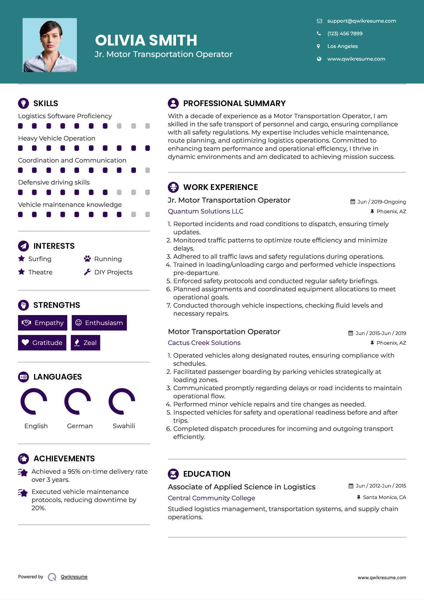 Jr. Motor Transportation Operator Resume Example